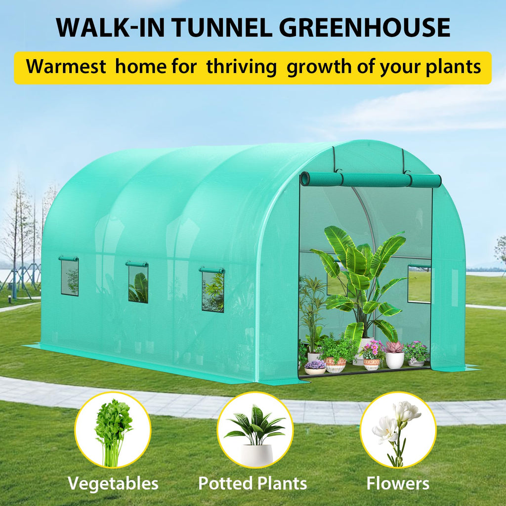 Garvee 13'x8'x7' Walk-In Tunnel Greenhouse Hoop House with Galvanized Steel Frame, 140g/m² Green PE Cover, Roll-Up Zipper Door & 6 Windows