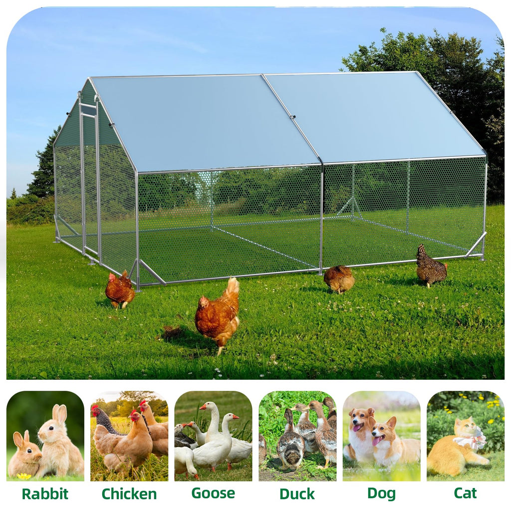 Garvee Chicken Run 9.8'x13'x6.4', Large Metal Chicken Coop Heavy Duty Hen House with Waterproof Anti-Uv Cover for Outdoor Chicken Pens with Reforced Tri-Supporting Steel Frame, Silver, Spire Roof