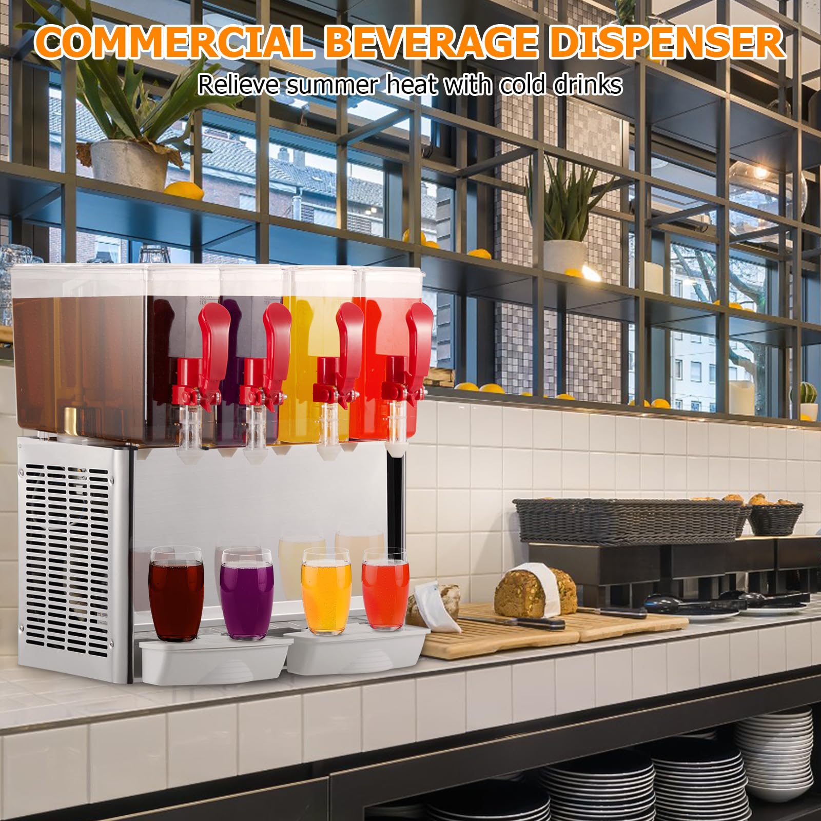 GARVEE 40L (10.56 Gallon) Commercial Juice Dispenser, 4 Tanks 380W, Stainless Steel Beverage Dispenser for Tea, Drink