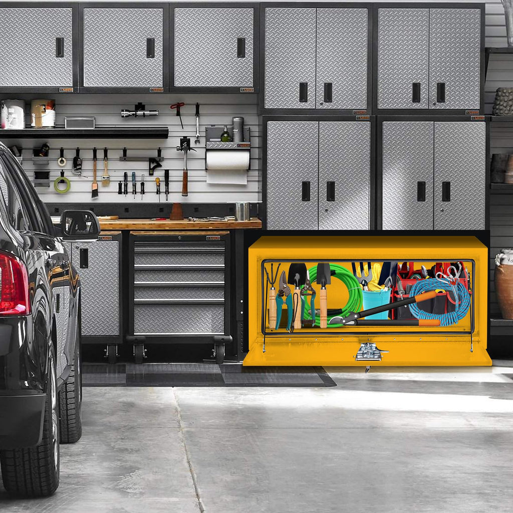 Garvee 30x14x16 Inch Underbody Truck Box Black Steel Lockable Waterproof Tool Storage Organizer for Trucks Heavy Duty, Yellow