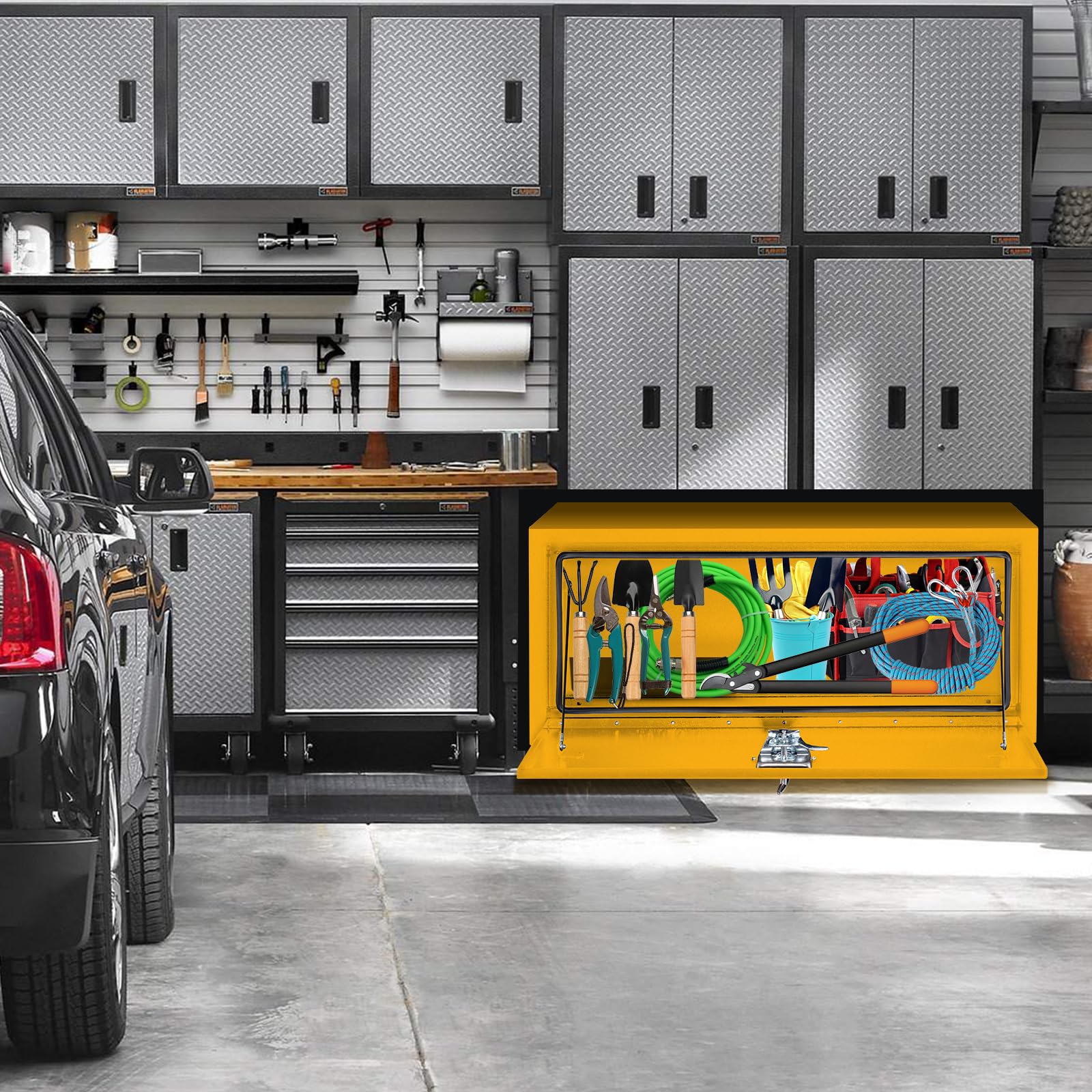 Garvee 30x14x16 Inch Underbody Truck Box Black Steel Lockable Waterproof Tool Storage Organizer for Trucks Heavy Duty, Yellow