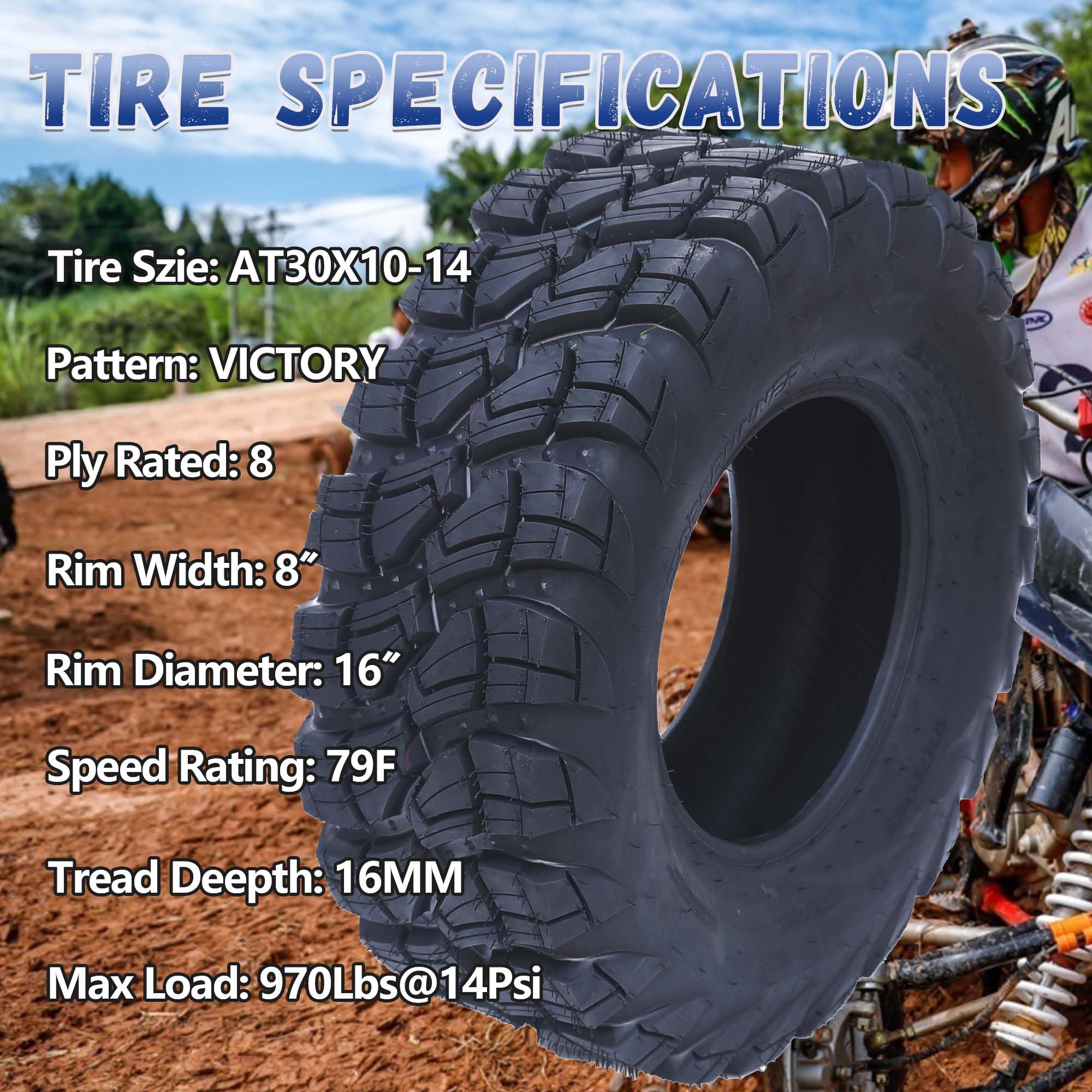 Garvee Set of 2 ATV Trail Tires 6PR Knobby Sport Tires, Tubeless - AT30x10-14-8PR TL VICTORY