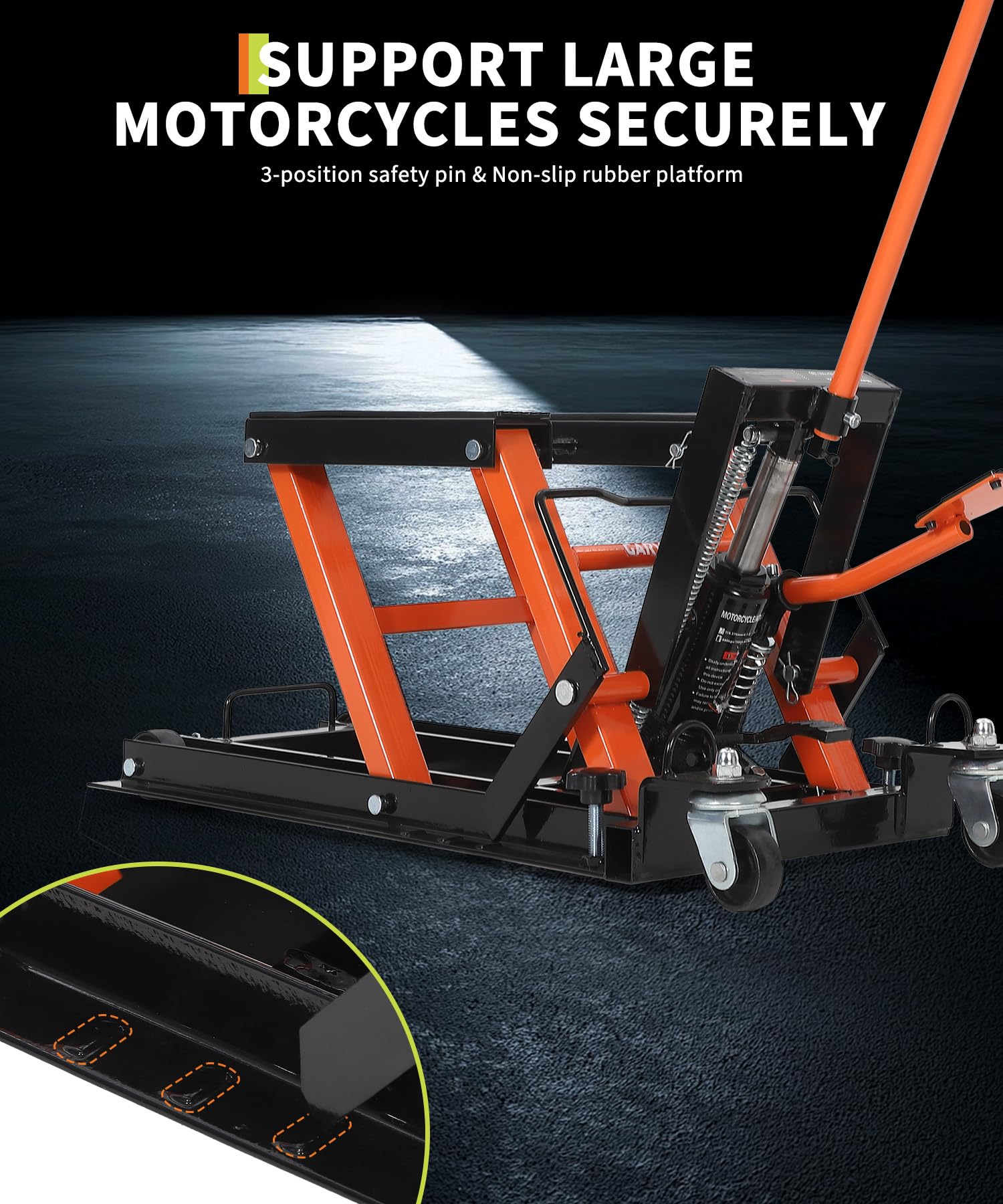 Garvee Hydraulic Motorcycle Lift Jack - 1500 lbs Capacity ATV Scissor Jack with 4.7"-14.57" Height Adjustment, Non-Slip Platform for Motorcycles, ATVs, and UTVs, Black Orange