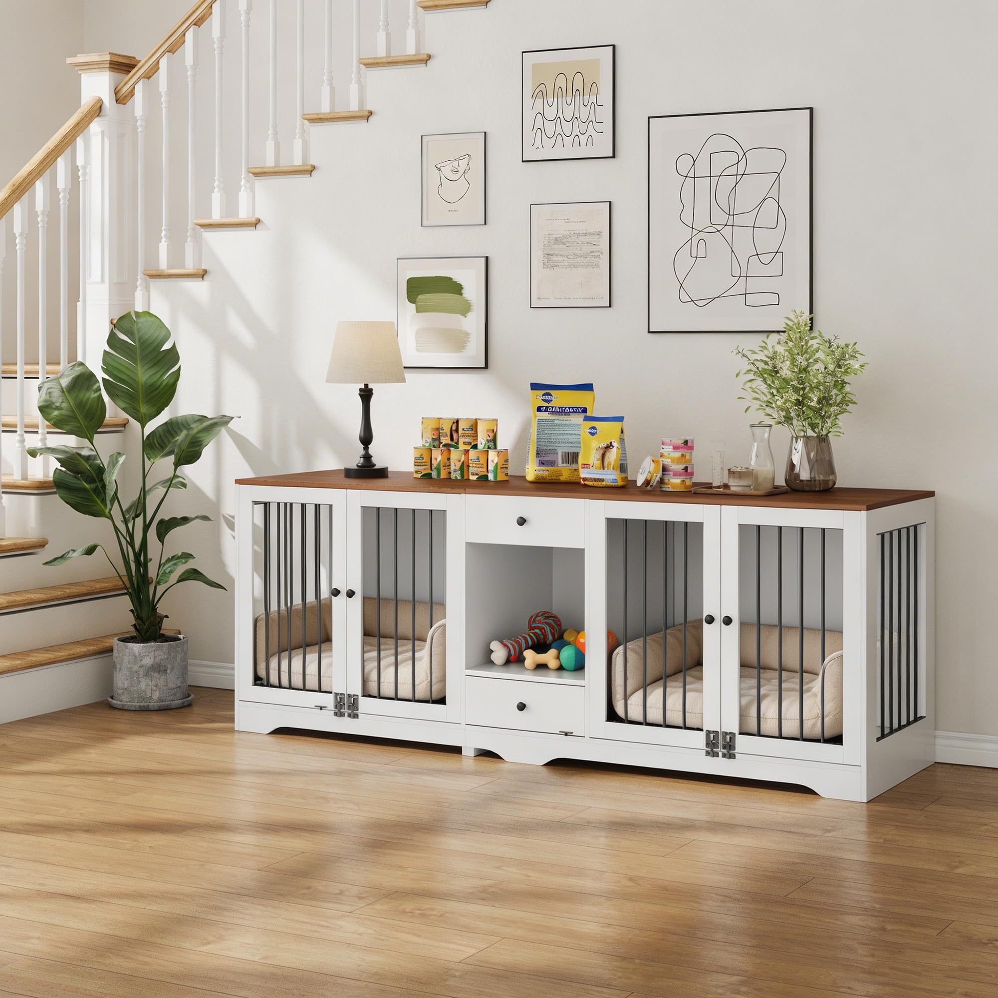 Garvee Dog Crate Furniture 83'' Indoor Dog Kennel with 4 Lockable Doors & 2 Drawers for Medium and Large Dogs, White, Multi-Functional Living Room Furniture