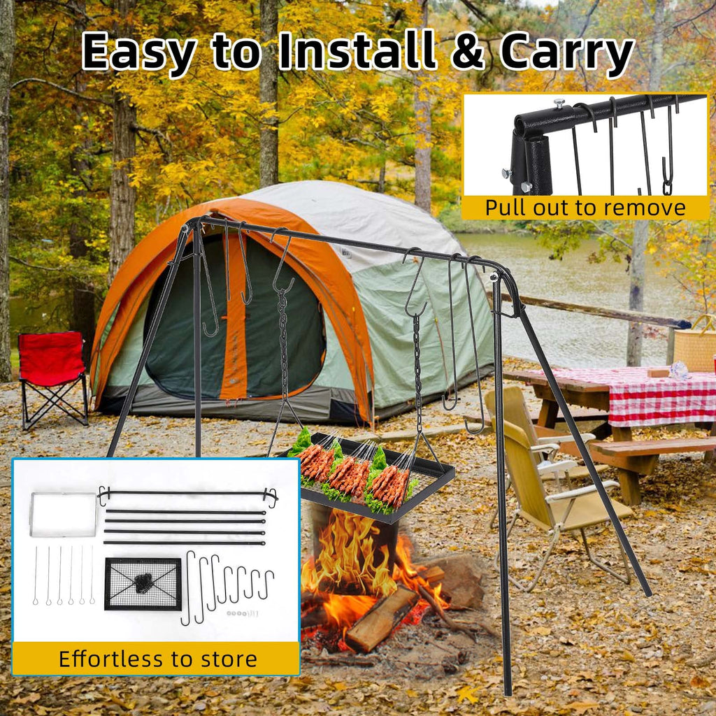 Garvee Campfire Swing Grill with Adjustable Rack for BBQ & Picnic - with 7 Hooks