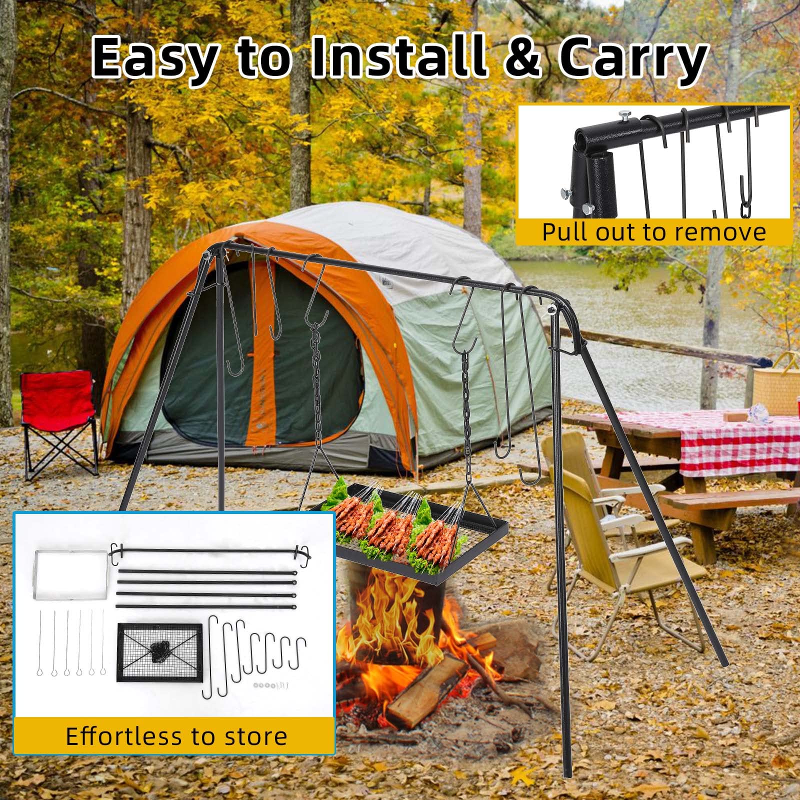 Garvee Campfire Swing Grill with Adjustable Rack for BBQ & Picnic - with 7 Hooks