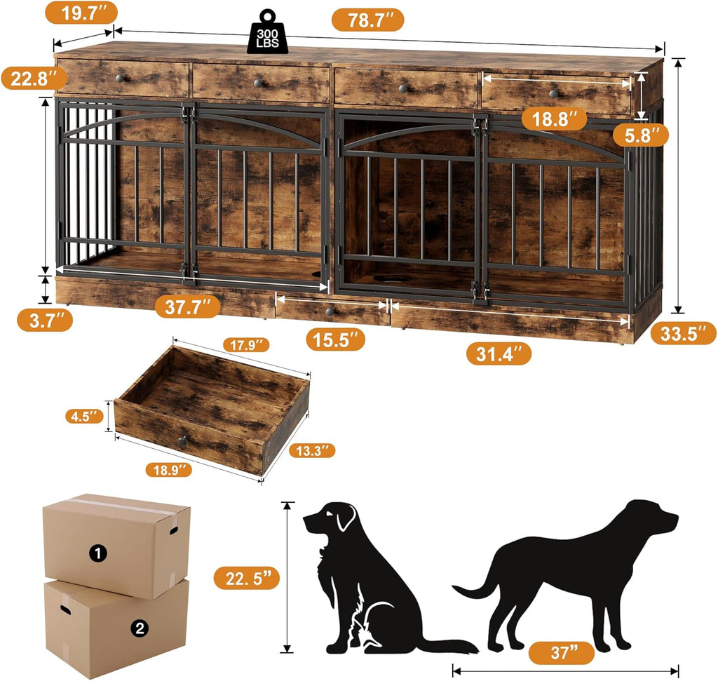 Garvee 78.7" Double Dog Crate Furniture with Storage and 4 Doors, Dog Kennel Indoor with Feeding Bowls, Wood Dog Crate TV Stand for Small Medium Dogs, Brown