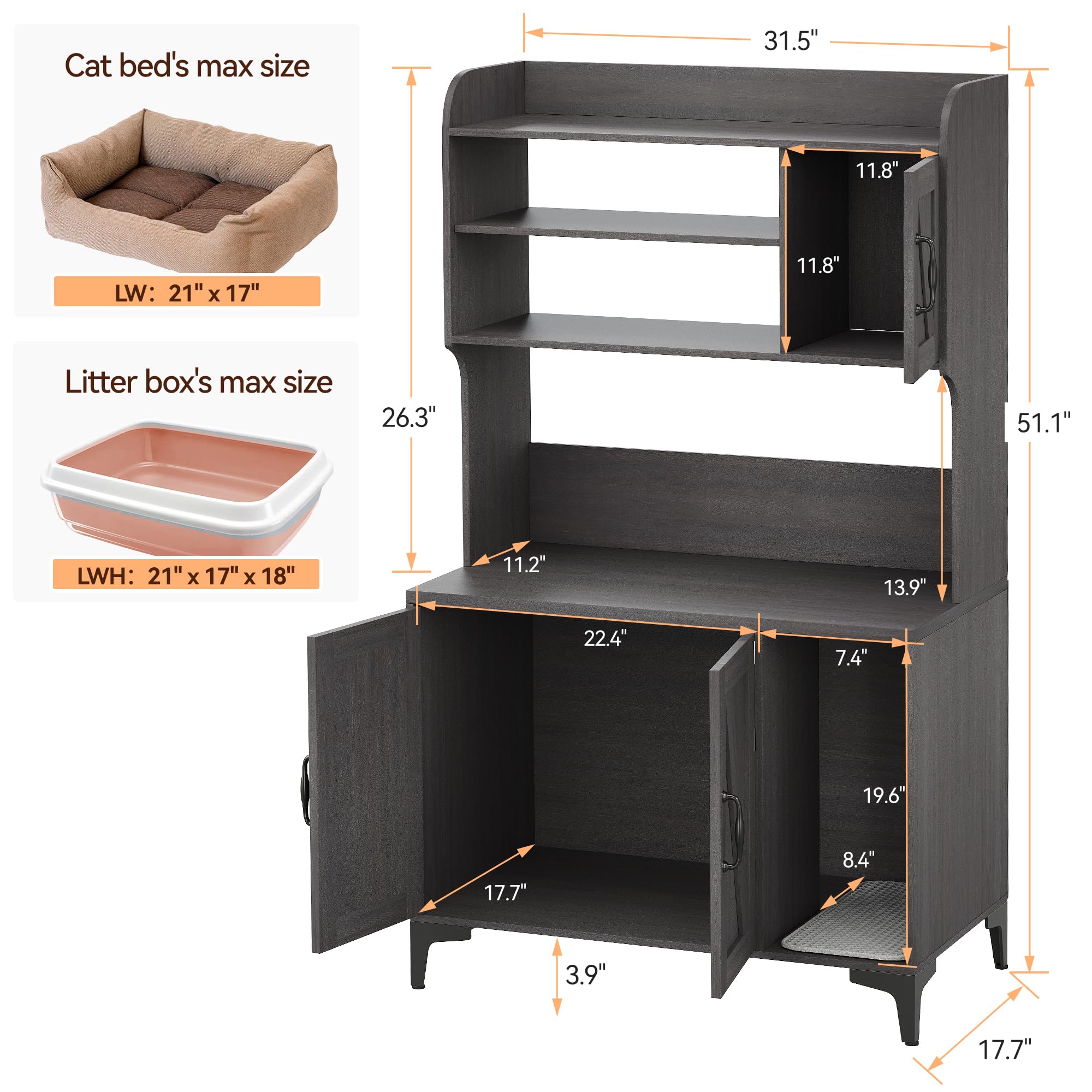 Garvee Cat Litter Box Enclosure, Modern Hidden Cat Litter Box Furniture with 4-Tier Storage Shelves, 2 Cabinets, Cat Litter Mat, Large Wood Indoor Cat House Furniture for Home, Walnut Wood