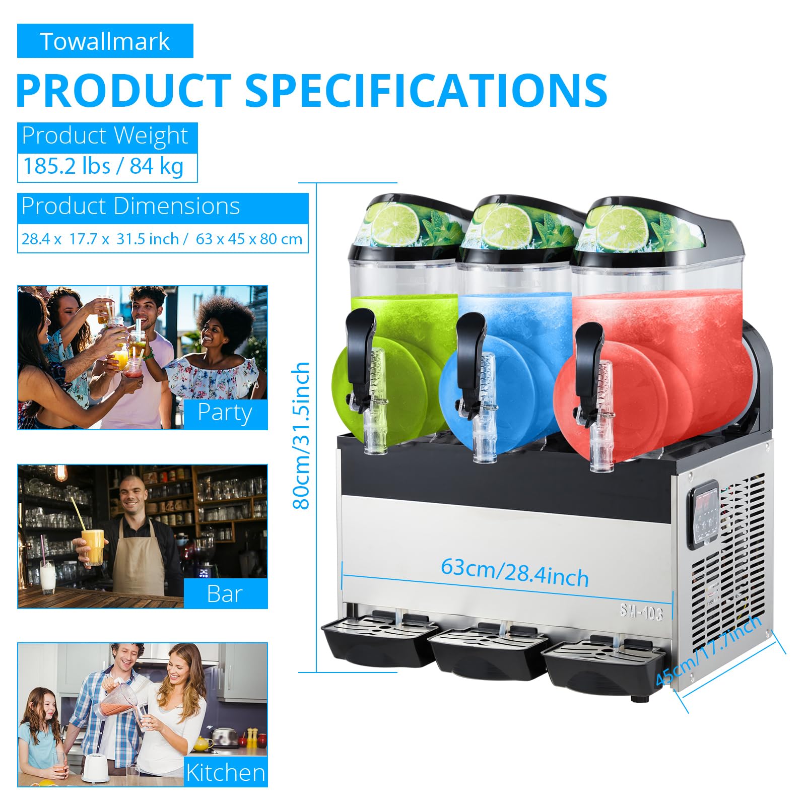 Garvee Commercial Slushy Machine 45L (15L x3) 600W – Stainless Steel & Food-Grade PC Tanks for Restaurants, Bars, Events