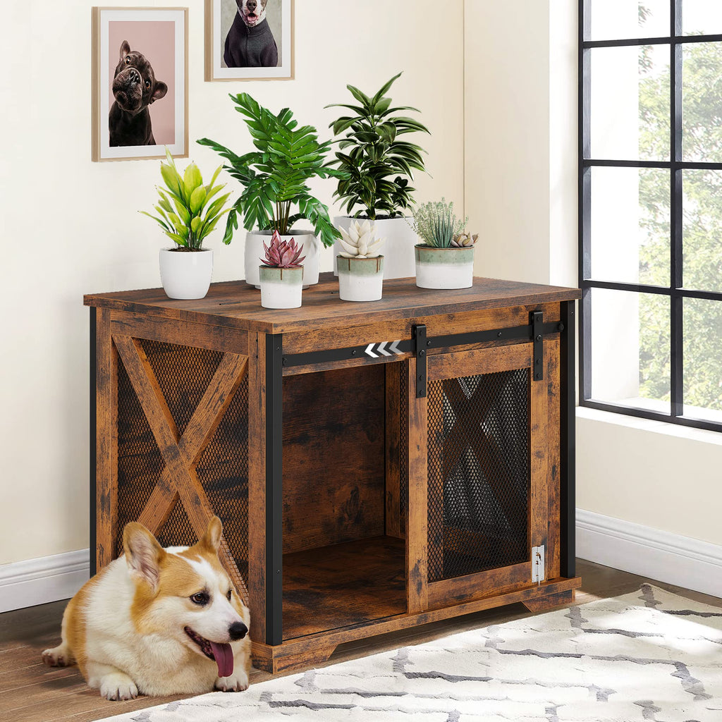 Garvee 37'' Dog Crate Furniture Side End Table with Flip Top and Movable Divider, Wooden Dog Crate Table Large, Style Dog Kennel Side End Table - Rustic Brown