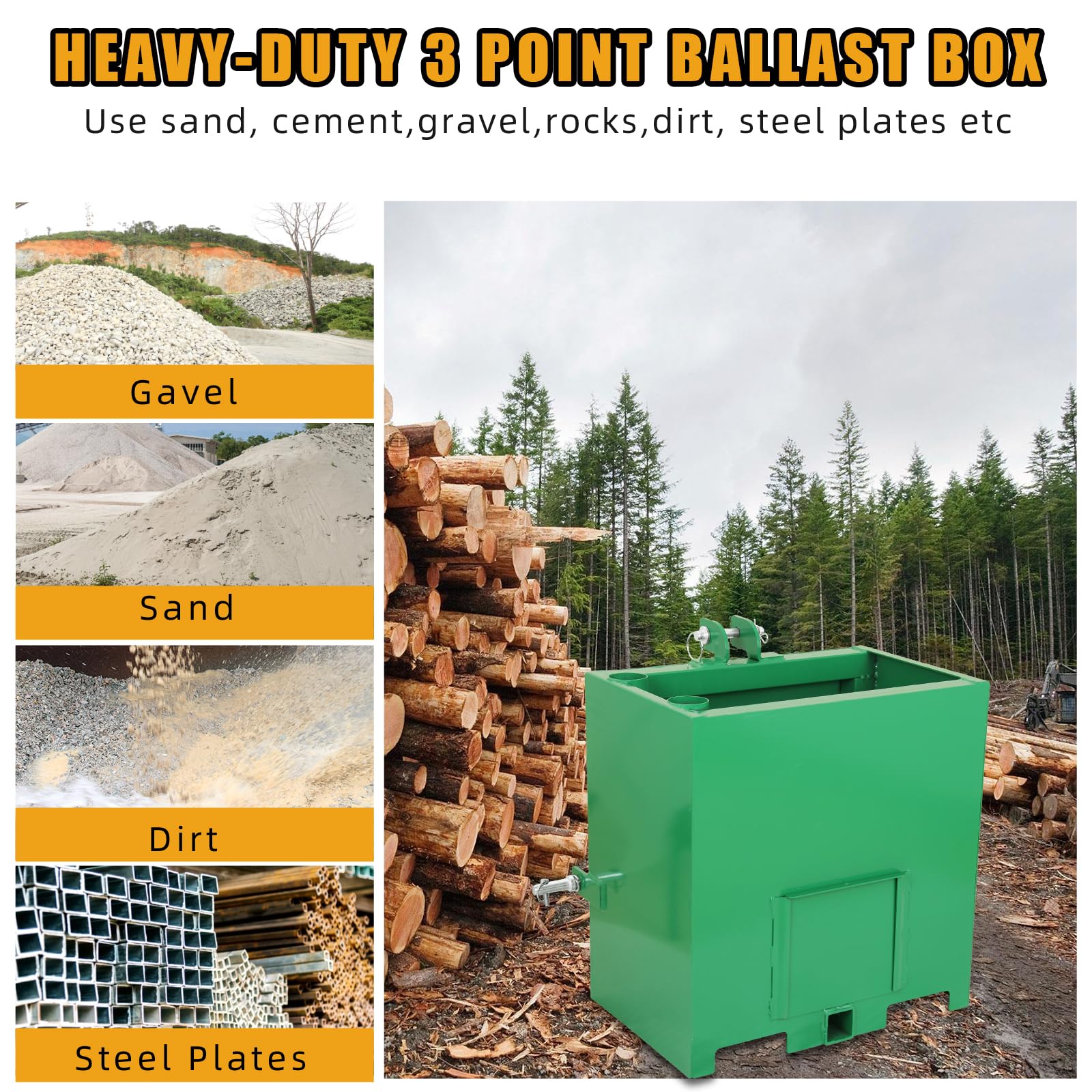 GARVEE 800LBS 3-Point Ballast Box - Cat 1 Tractor w/2" Hitch, 5 ft³ Steel Loader Attachment (Sliding Door, Heavy-Duty, Green)
