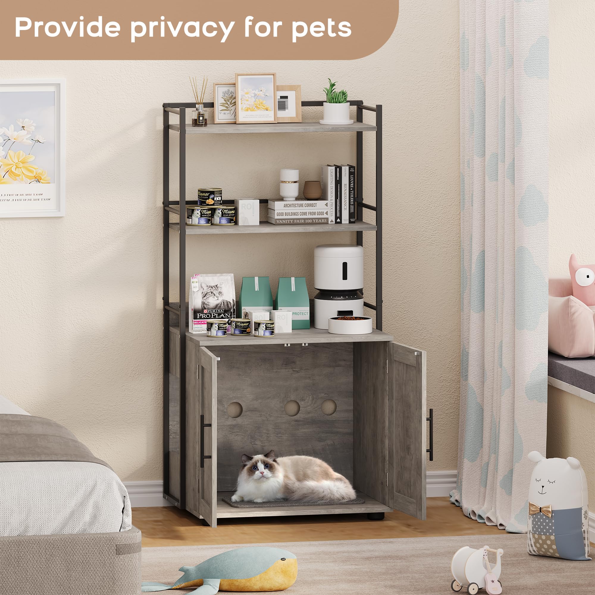 Garvee Cat Litter Box Enclosure + Shelf Storage, 2-in-1 Hidden Cat Washroom Furniture, MDF Panel, Grey, Indoor Use