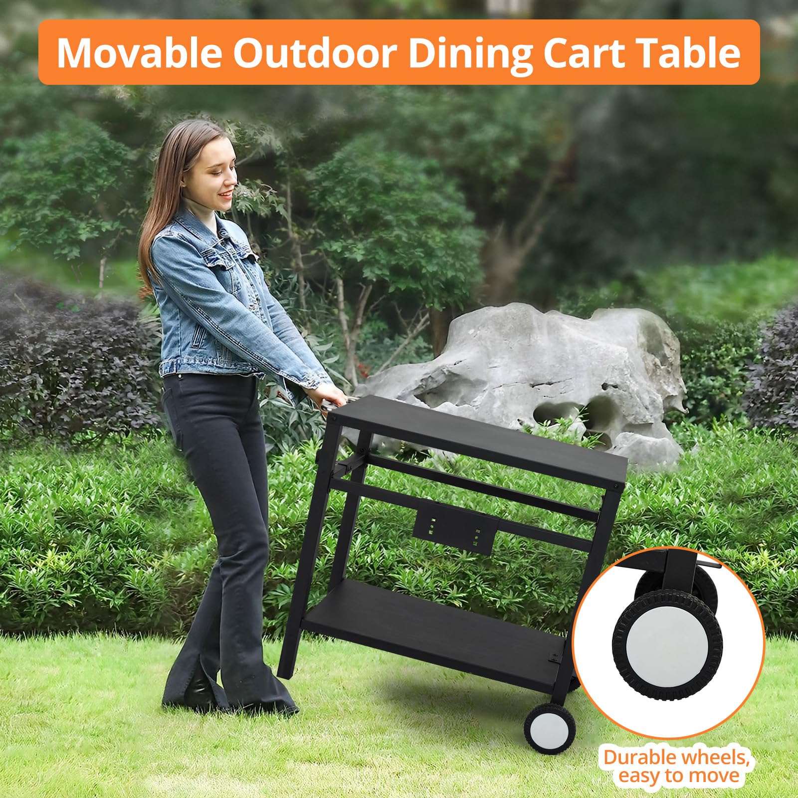 Garvee Outdoor Grill Cart with Wheels & Hooks – Portable Utility Table for Pizza Oven, BBQ, and Outdoor Cooking