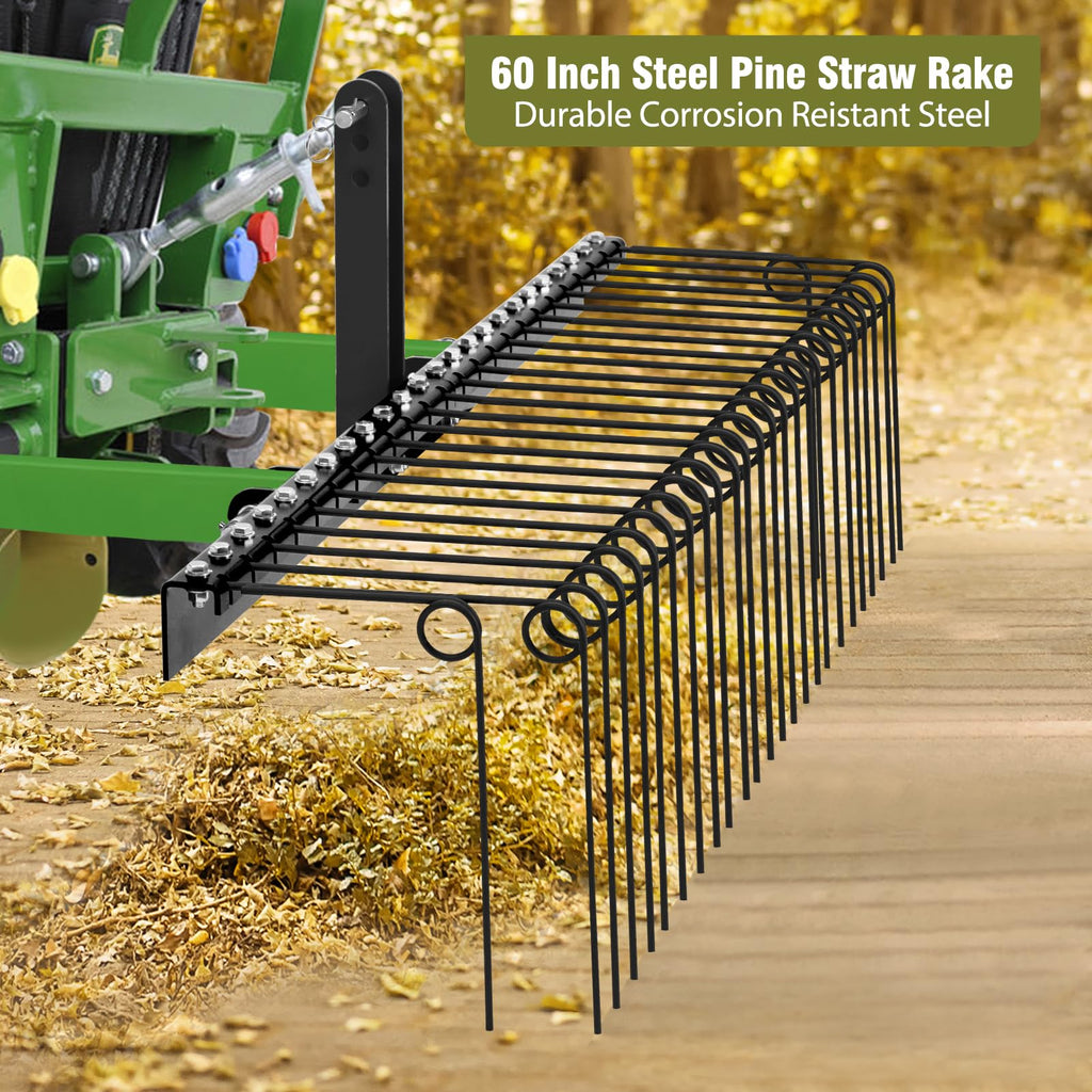 Garvee 60" Pine Straw Rake Updated Version - 8mm Tines, Steel Tow Behind for Cat 0/1 Tractors - Ideal for Leaves & Grass, Black