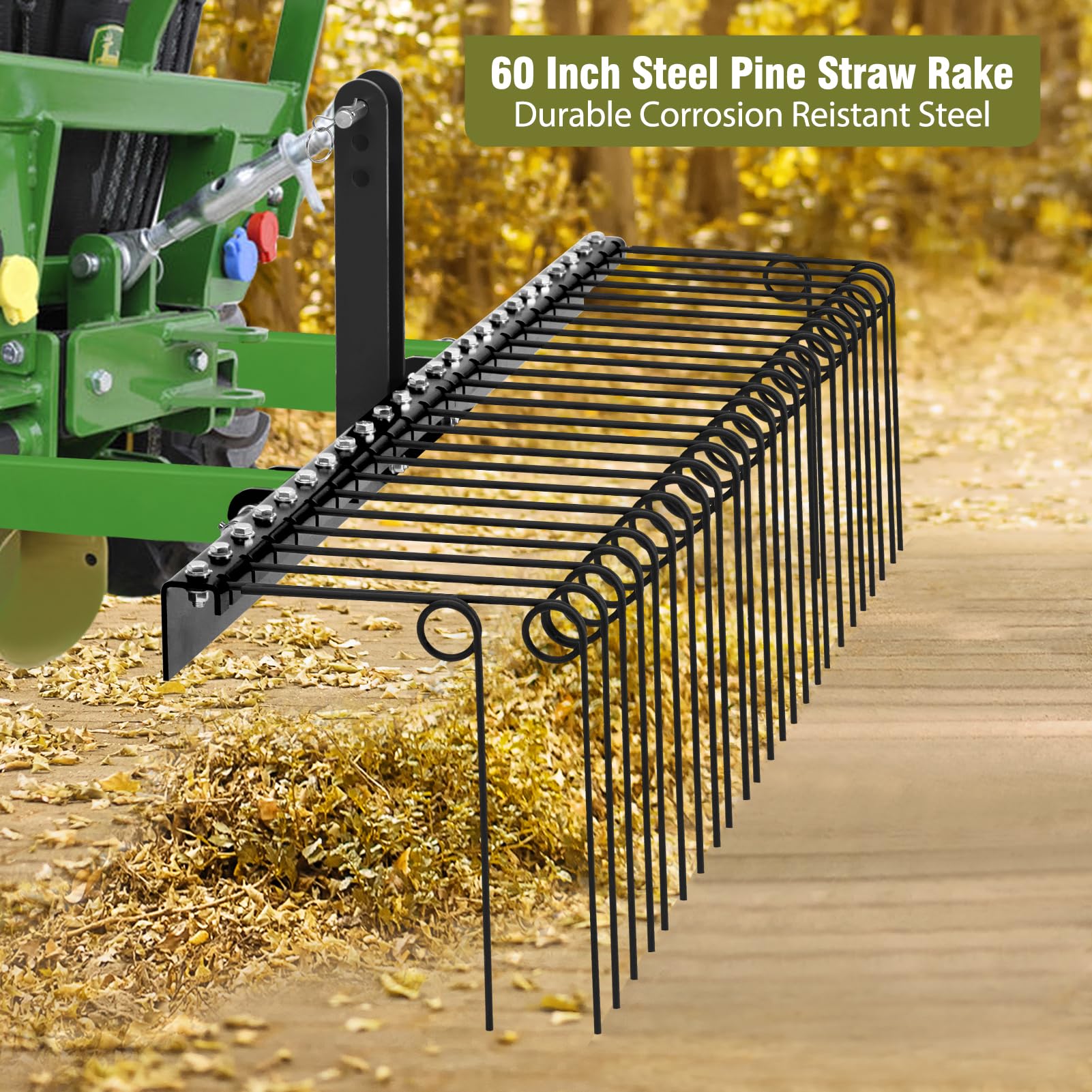 Garvee 60 Inch Pine Straw Rake, 6mm Rake Needle, 26 Coil Spring Tines Durable Powder Coated Steel Tow Behind Landscape Rake with 3 Point Hitch Receiver Attachment Fit to Cat0 Cat 1 Tractors for Leaves Grass, Black