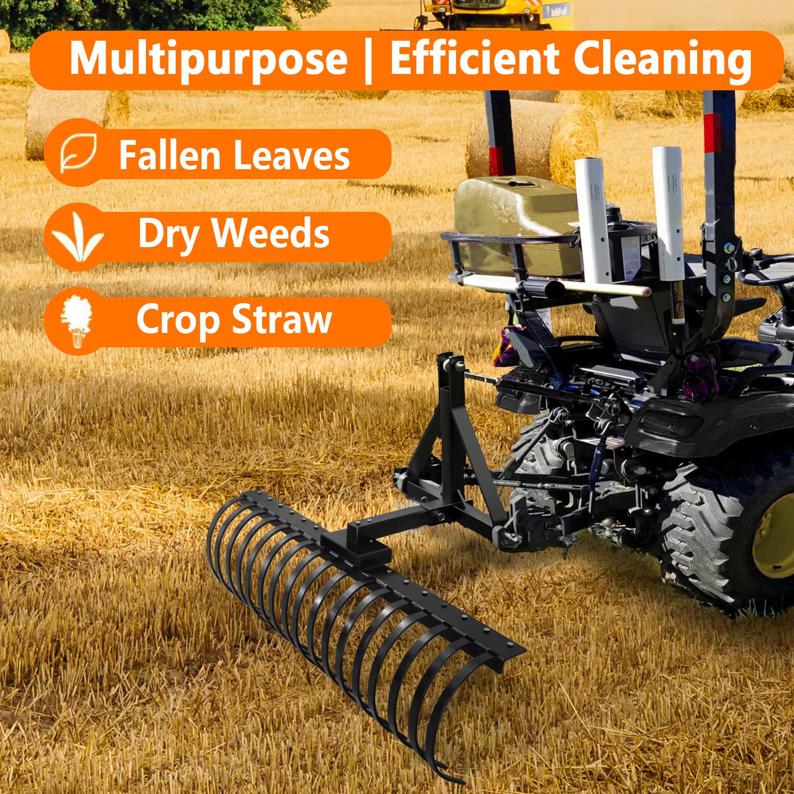 Garvee 49 Inch Landscape Rake for ATV, UTV & Lawn Tractor, 17-Tine Pine Straw Rake with 2-Inch Receiver, Tow-Behind Rock Rake for Leaves, Sticks & Debris