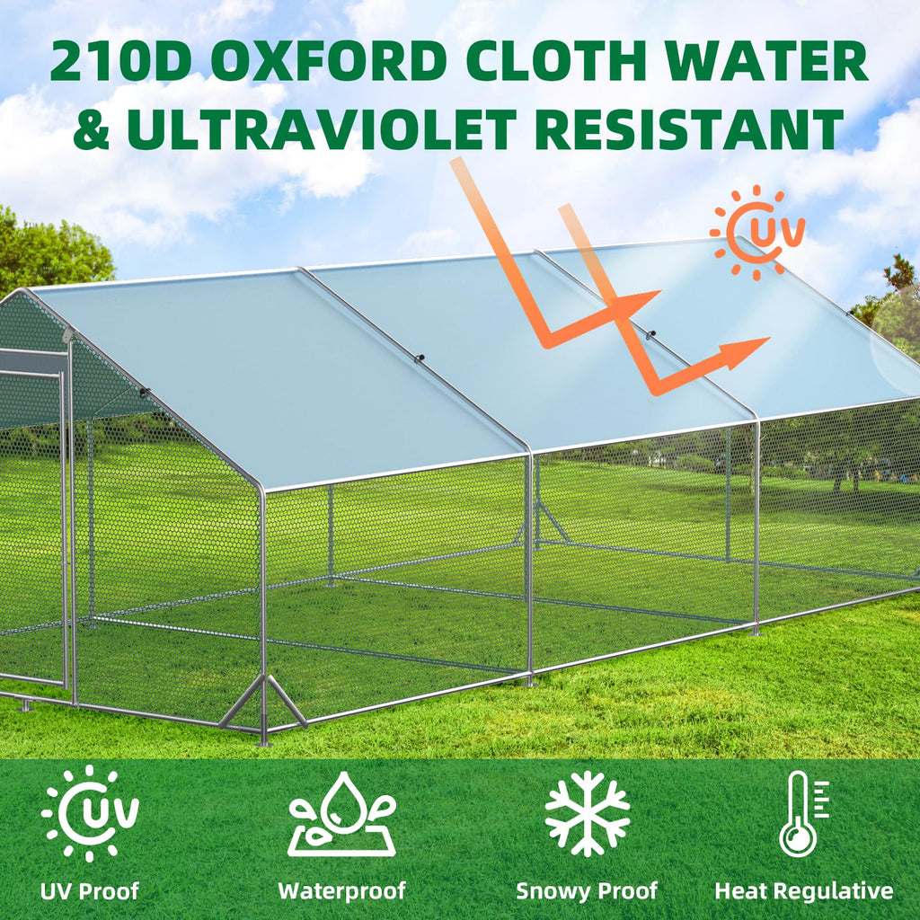 Garvee Chicken Run 9.8'x6.5'x6.4', Large Metal Chicken Coop Heavy Duty Hen House with Waterproof Anti-Uv Cover for Outdoor Chicken Pens with Reforced Tri-Supporting Steel Frame, Silver, Spire Roof