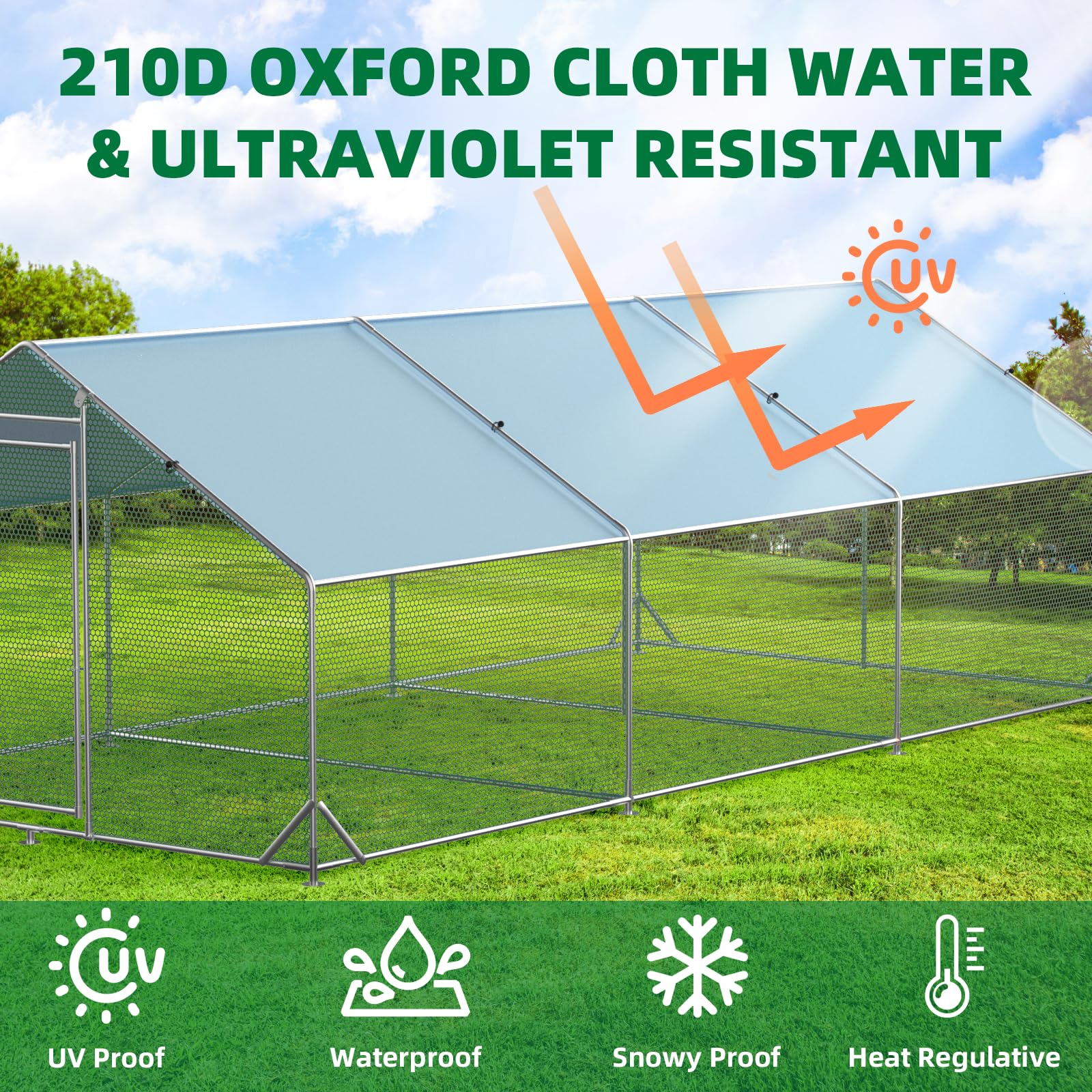 Garvee Chicken Run 9.8'x6.5'x6.4', Large Metal Chicken Coop Heavy Duty Hen House with Waterproof Anti-Uv Cover for Outdoor Chicken Pens with Reforced Tri-Supporting Steel Frame, Silver, Spire Roof