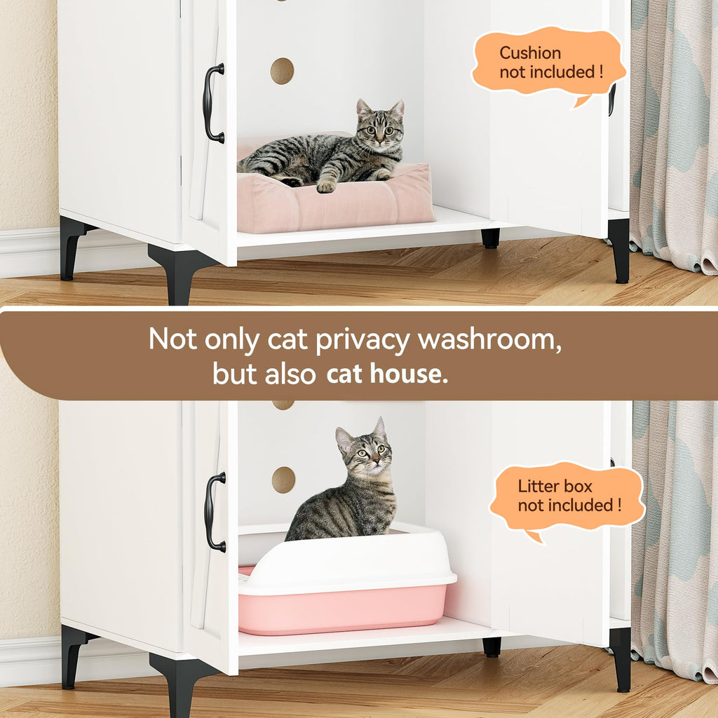 Garvee Cat Litter Box Enclosure, Modern Hidden Cat Litter Box Furniture with 4-Tier Storage Shelves, 2 Cabinets, Cat Litter Mat, Large Wood Indoor Cat House Furniture for Home, White