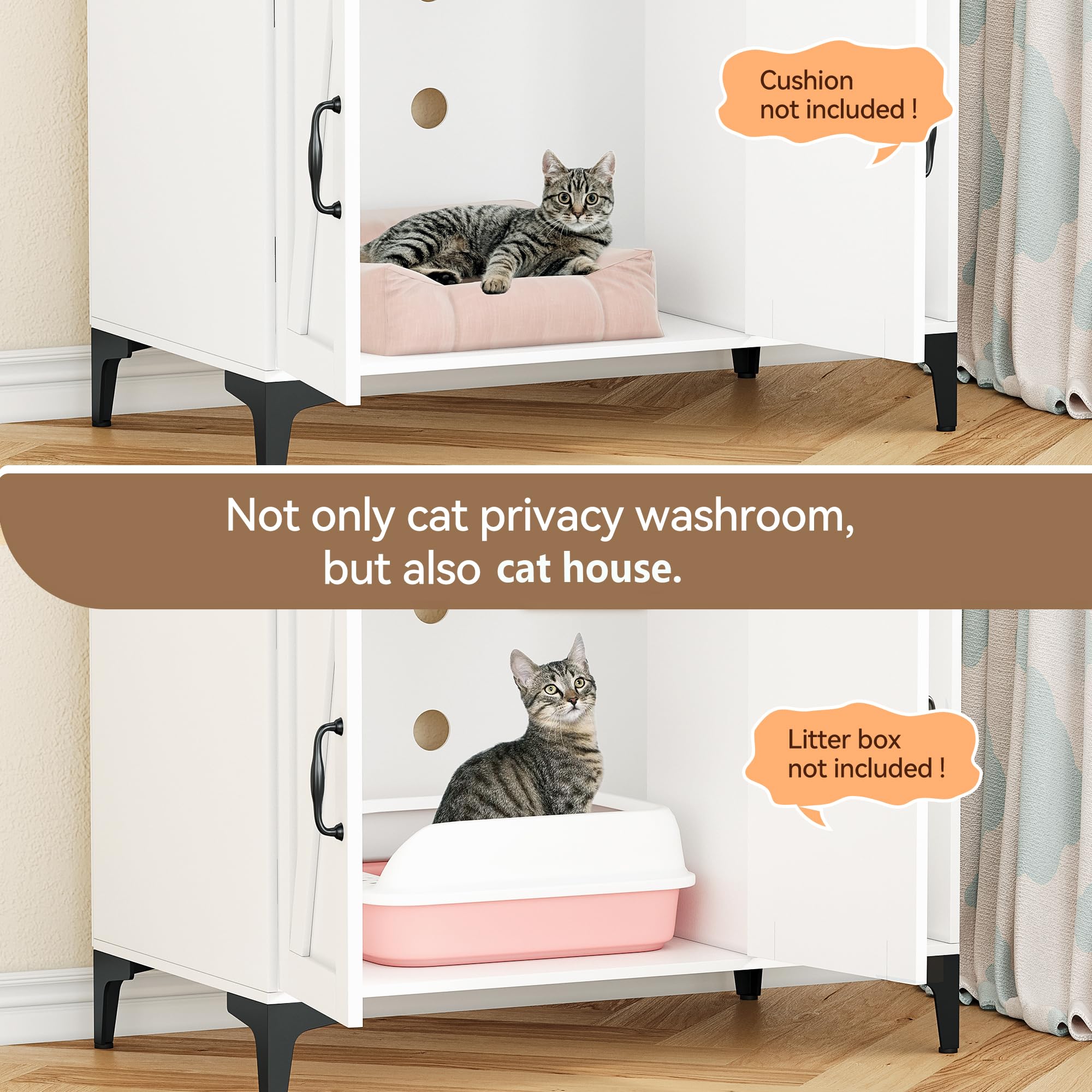 Garvee Cat Litter Box Enclosure, Modern Hidden Cat Litter Box Furniture with 4-Tier Storage Shelves, 2 Cabinets, Cat Litter Mat, Large Wood Indoor Cat House Furniture for Home, White