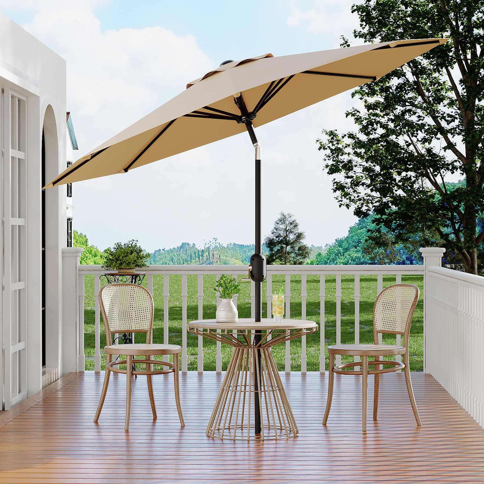 Garvee 10' Patio Umbrella with Crank Lift & Push Button Tilt – 8 Sturdy Ribs Table Umbrella for Yard, Deck, Pool, Outdoor Patio, Tan
