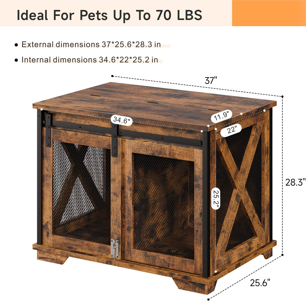 Garvee 37'' Dog Crate Furniture Side End Table with Flip Top and Movable Divider, Wooden Dog Crate Table Large, Style Dog Kennel Side End Table - Rustic Brown