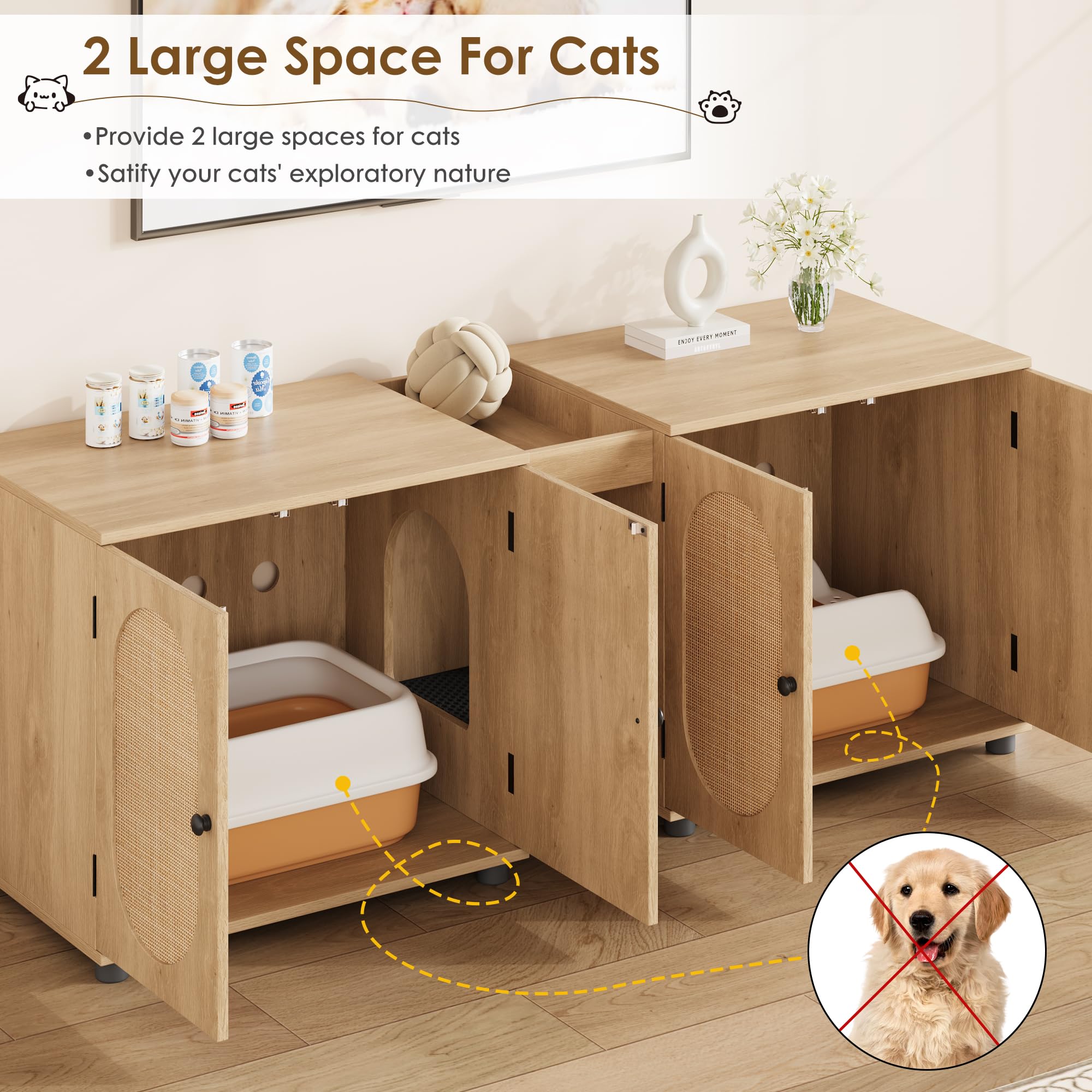 Garvee Cat Litter Box Enclosure 55.1" Double Litter Box Furniture Large Cat Box Enclosure Kitty Litter Box for 2 Cats Hidden Cat Litter Cabinet Double Cage with Cat Litter pad Rattan Door