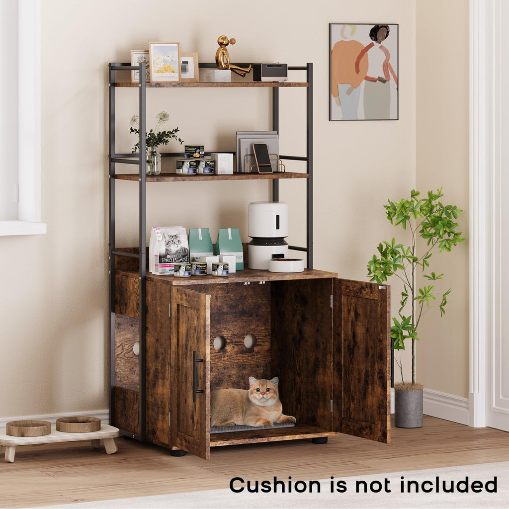 Garvee Cat Litter Box Enclosure + Hidden Cat Washroom + MDF Panel + 3 Shelves + Door + Indoor Cat Cabinet + Brown