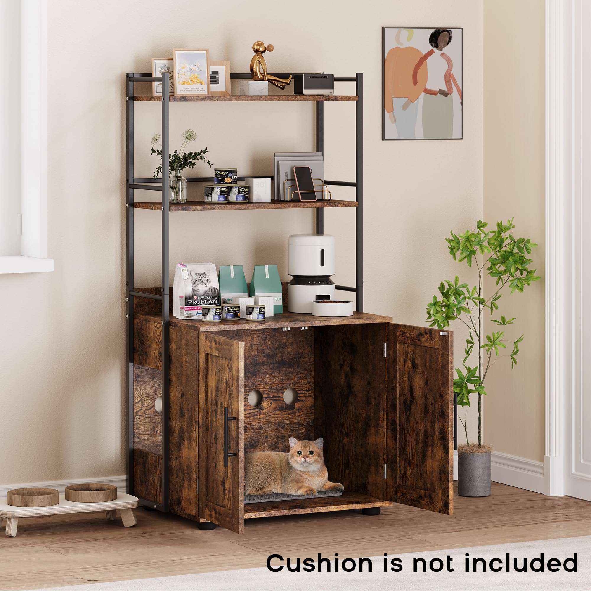 Garvee Cat Litter Box Enclosure + Hidden Cat Washroom + MDF Panel + 3 Shelves + Door + Indoor Cat Cabinet + Brown