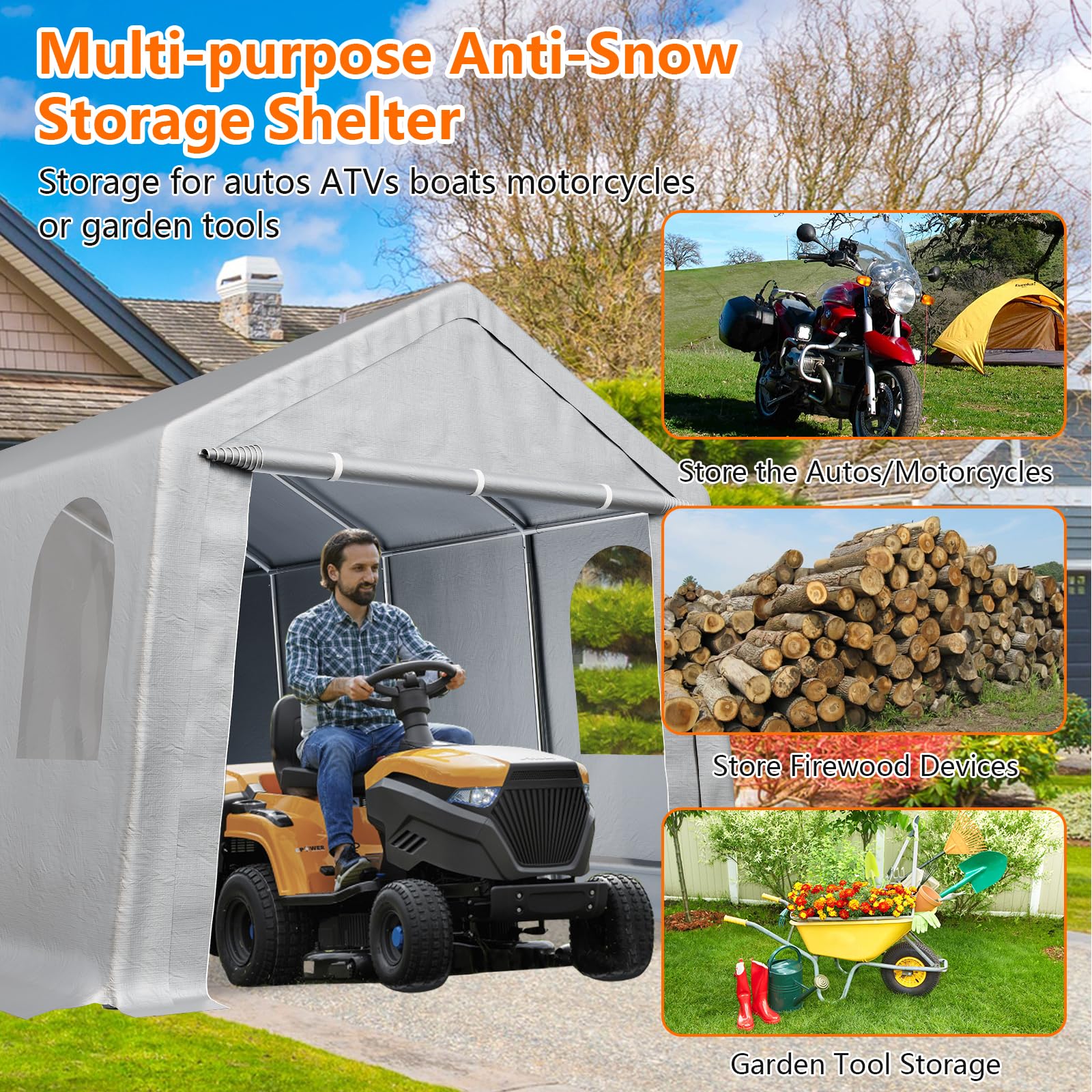 Garvee 10' X 20' Heavy Duty Carport - Powder-Coated Steel Frame, All-Weather Waterproof & UV-Resistant w/Roll-Up Doors for Cars/Boats, Grey