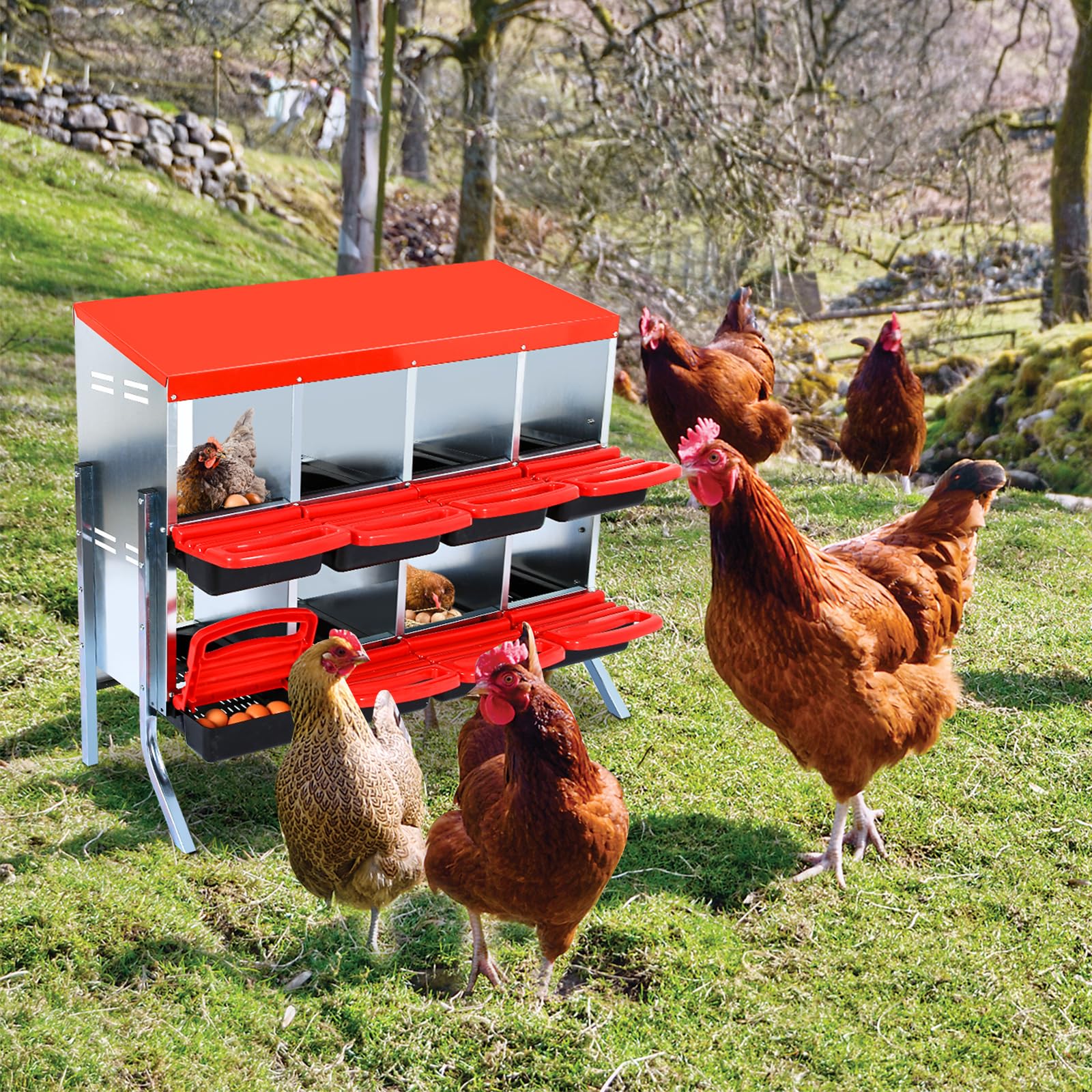Garvee Nesting Boxes for Chickens, 8 Compartment Roll Away Nesting Box with Egg Collection, Perch, Lid Cover for Egg Protection, Wall Mount/Free Standing Nest Box for Chickens