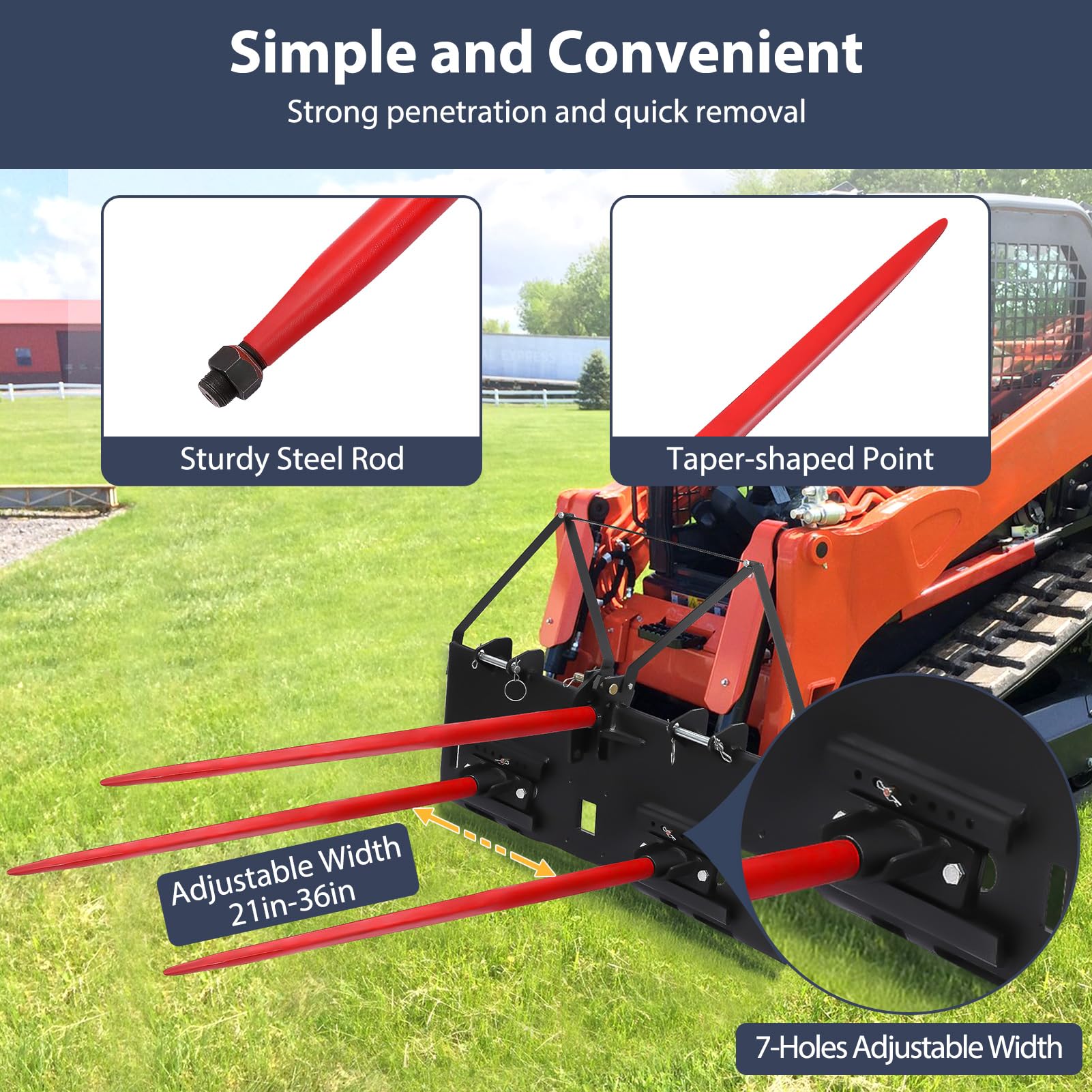 Garvee 49" Hay Spear Bale Spike 4000 lbs Capacity, Heat-Treated Spring Steel, Powder-Coated, Quick Attach, Fits Bobcat Tractors, Farm Use