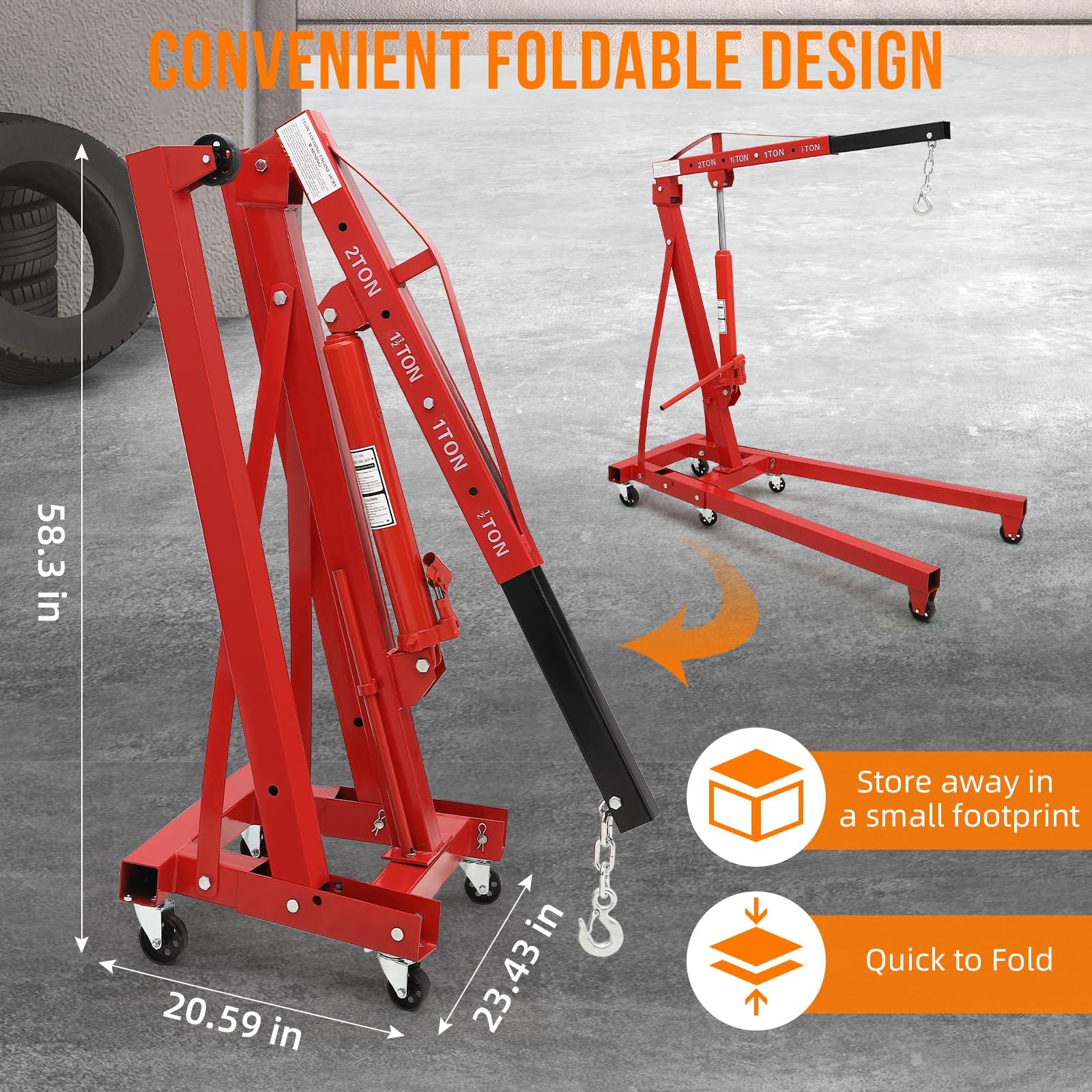 Garvee Cherry Picker Engine Hoist Folding Engine Crane 2 Ton 4400lb Heavy Duty Hydraulic Shop Crane With 6 Casters Telescopic Boom Hitch
