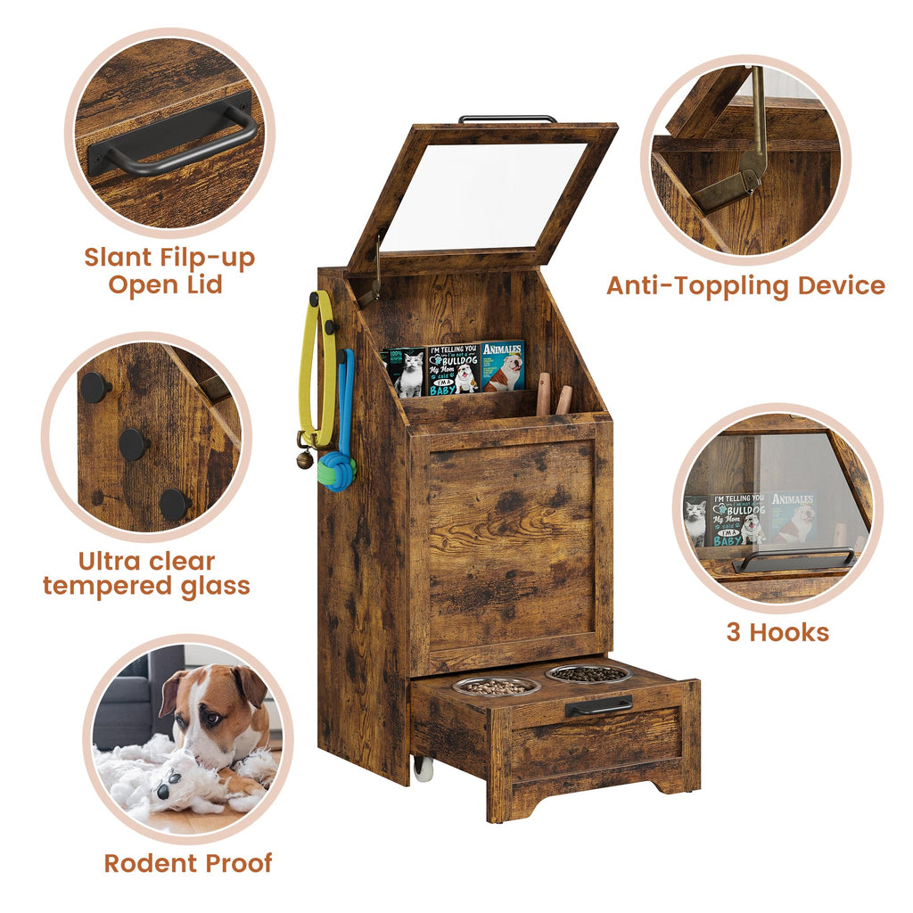 Garvee Pet Food Cabinet with 2 Elevated Bowls, Dog Feeding Station, Brown, Ample Storage, Concealed Feeder, Flip-Top Design