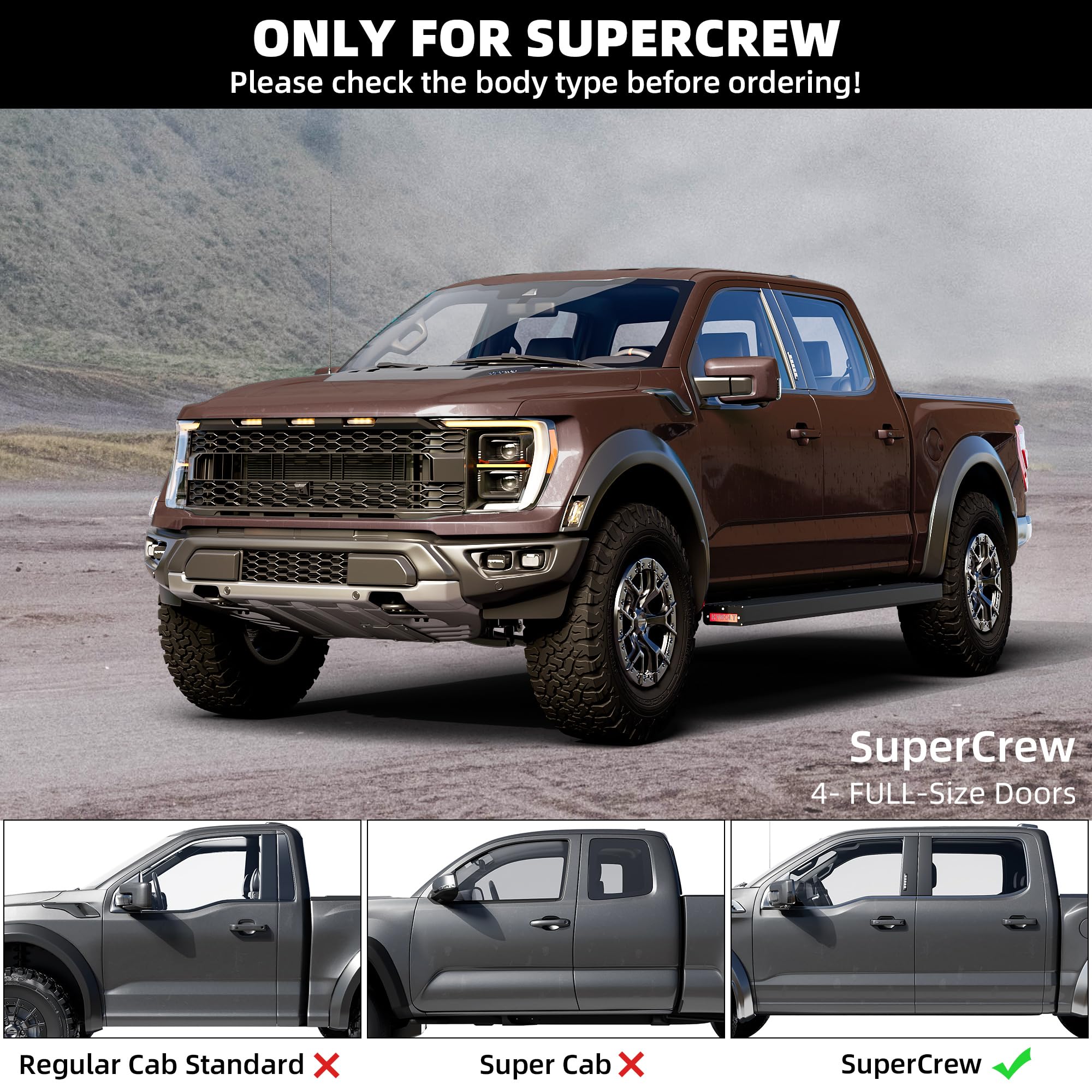 Garvee Running Boards Compatible with 2015-2024 Ford F-150 SuperCrew Cab,Aluminum Side Steps for 2017-2024 Ford F-250 F-350 Super Duty Crew Cab,6.5 inch Nerf Bars