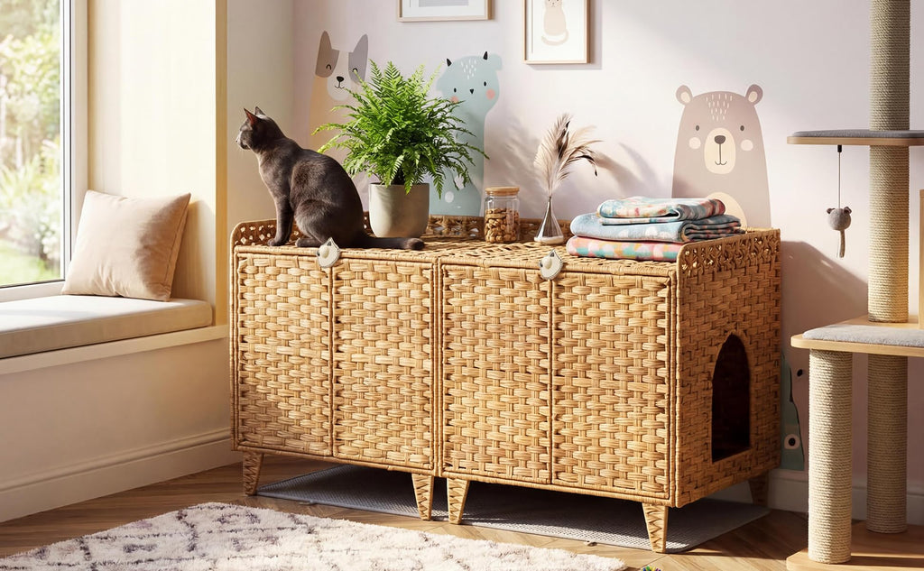Garvee Cat Litter Box Enclosure Furniture Handwoven Rattan Hidden Washroom Large Space Natural for Living Room Bedroom