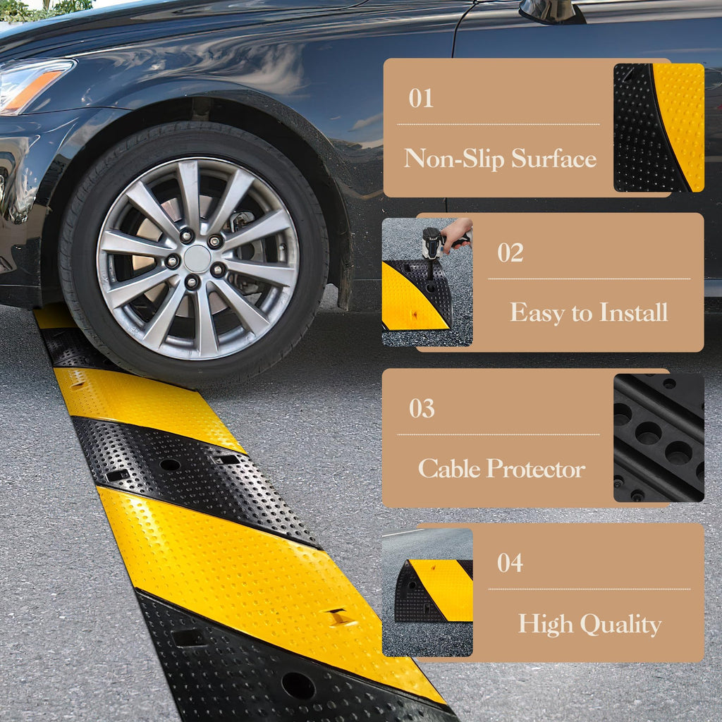 Garvee 6FT Rubber Speed Bumps 2-Pack Heavy Duty 25000 Lb Capacity With 8 Bolt For Road Parking Lot School Warehouse Yellow