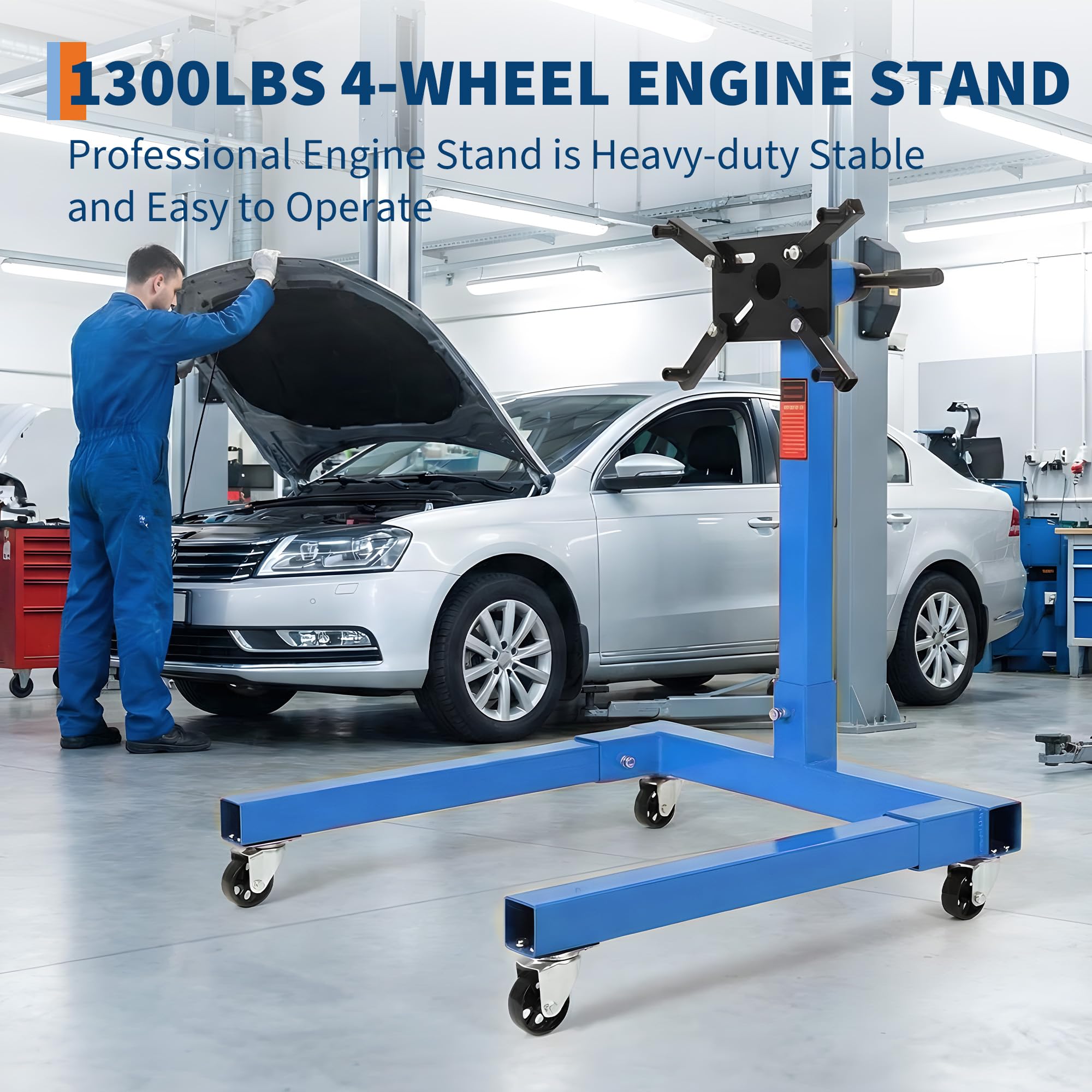 Garvee Engine Stand 1300 LBS Rotating Motor Stand with 360° Rotating Head, Adjustable Arms, Casters for Vehicle Maintenance, Auto Repair, Steel, Black