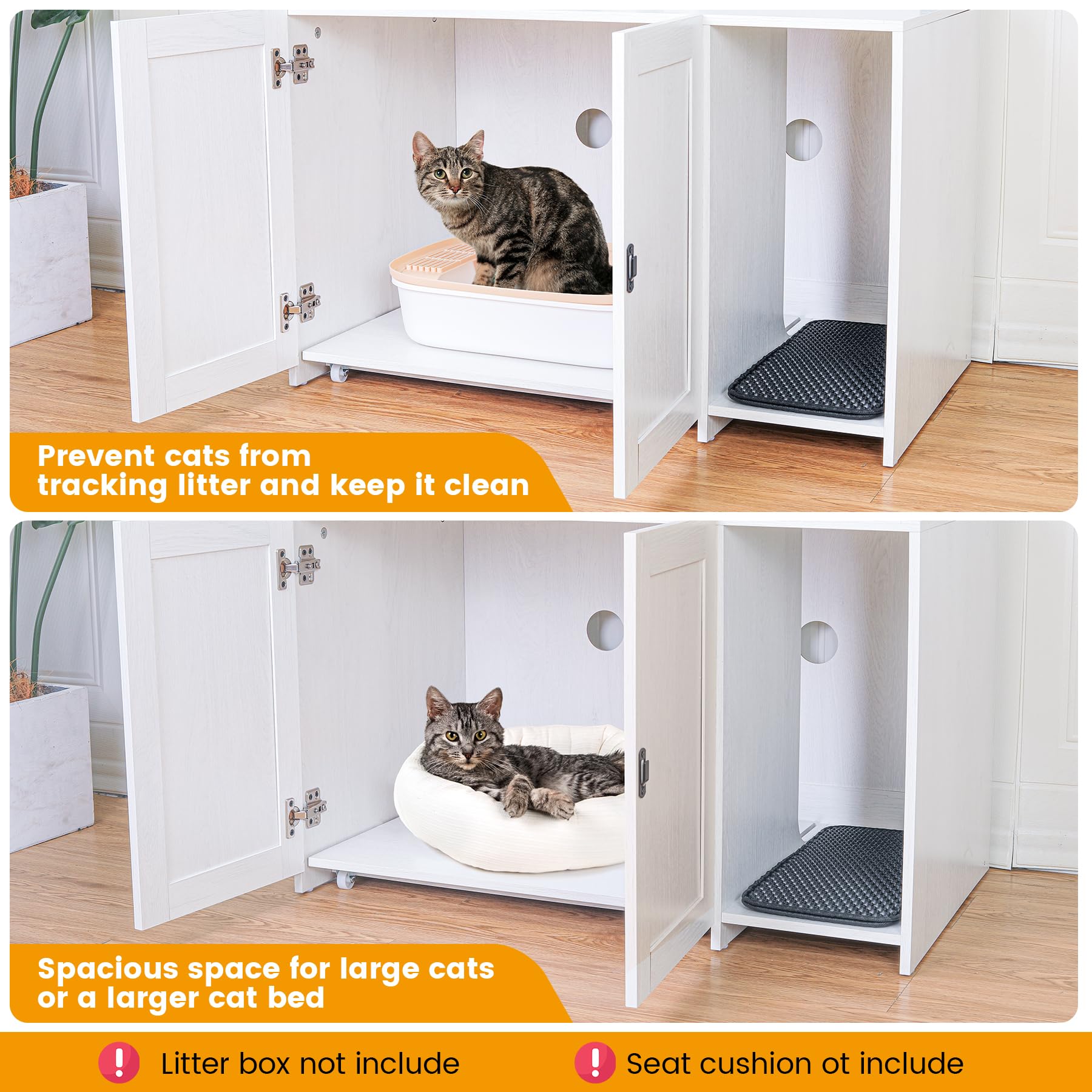 Garvee Cat Litter Box Enclosure, Hidden Cat Litter Box Furniture, Large Double Door Cat House with 3 Shelves and Charging Station, Push-Pull Mobile Chassis