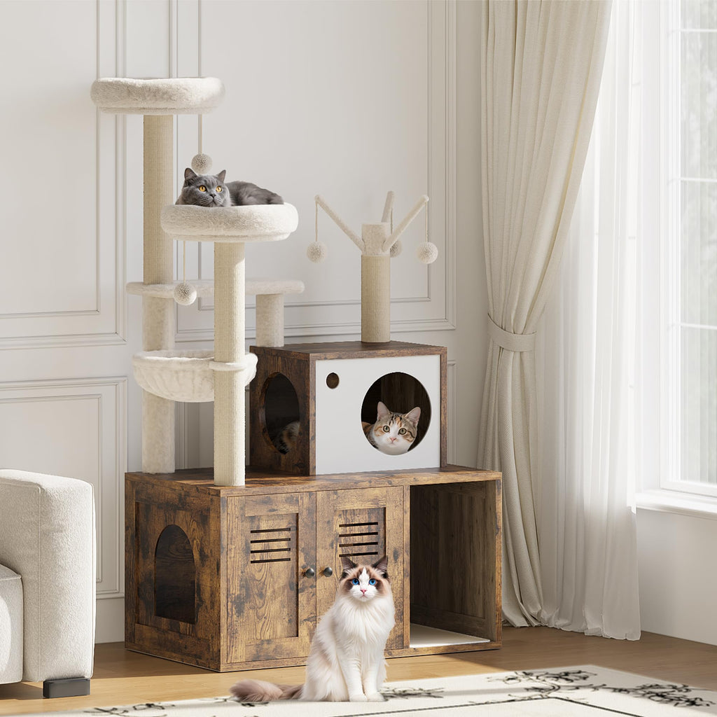 Garvee Cat Tree with Litter Box Enclosure, Sisal Scratching Post, Modern Wooden Cat Tower, Rustic Brown, Compact 31.5''x18.9''