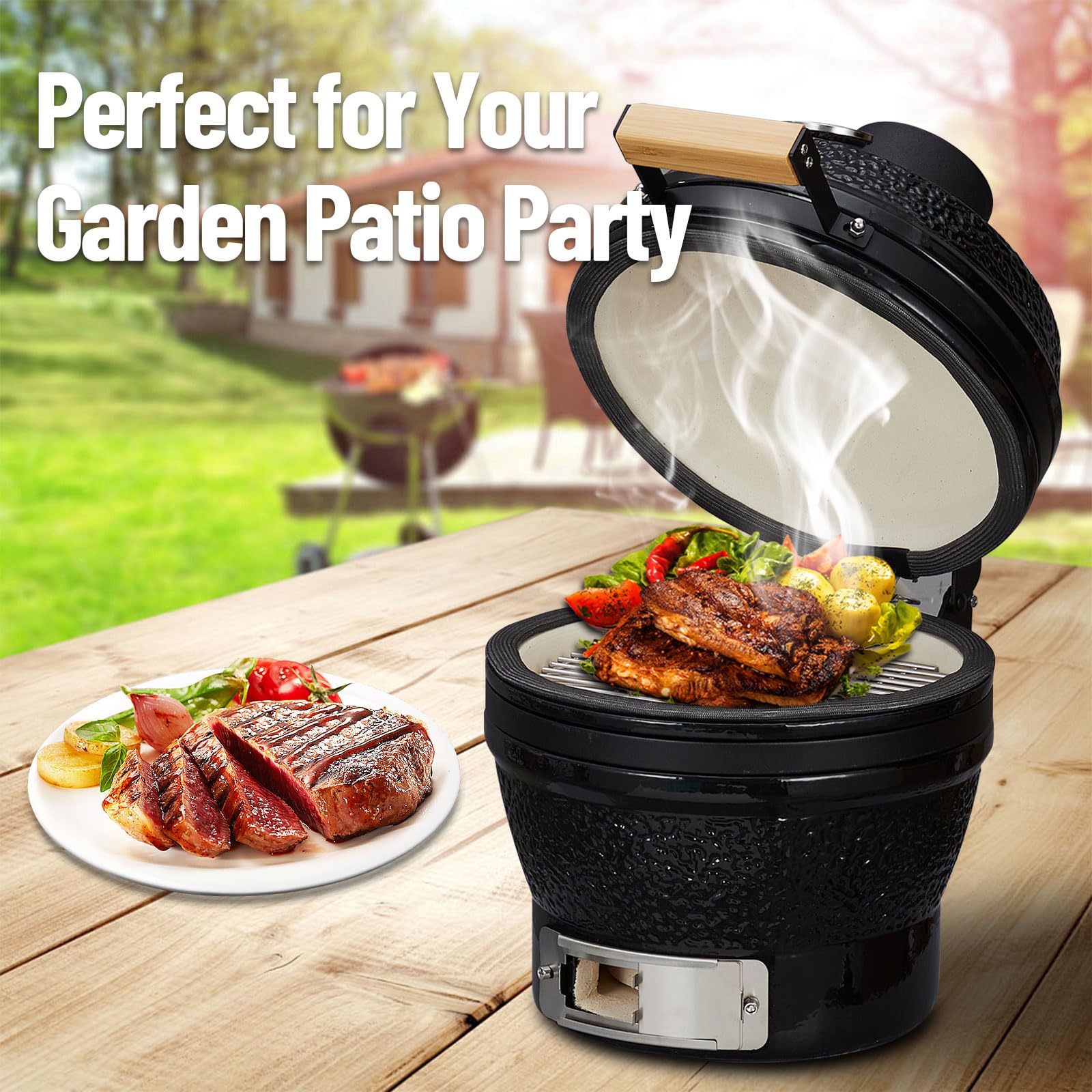 Garvee 13 Inch Portable Charcoal Grill with Cast Iron Stand and Heat Deflectors, Ceramic BBQ Charcoal Grill Heavy Duty with 10.6" Stainless Steel Grid for Outdoor Camping Smoking Grilling Baking Barbecue