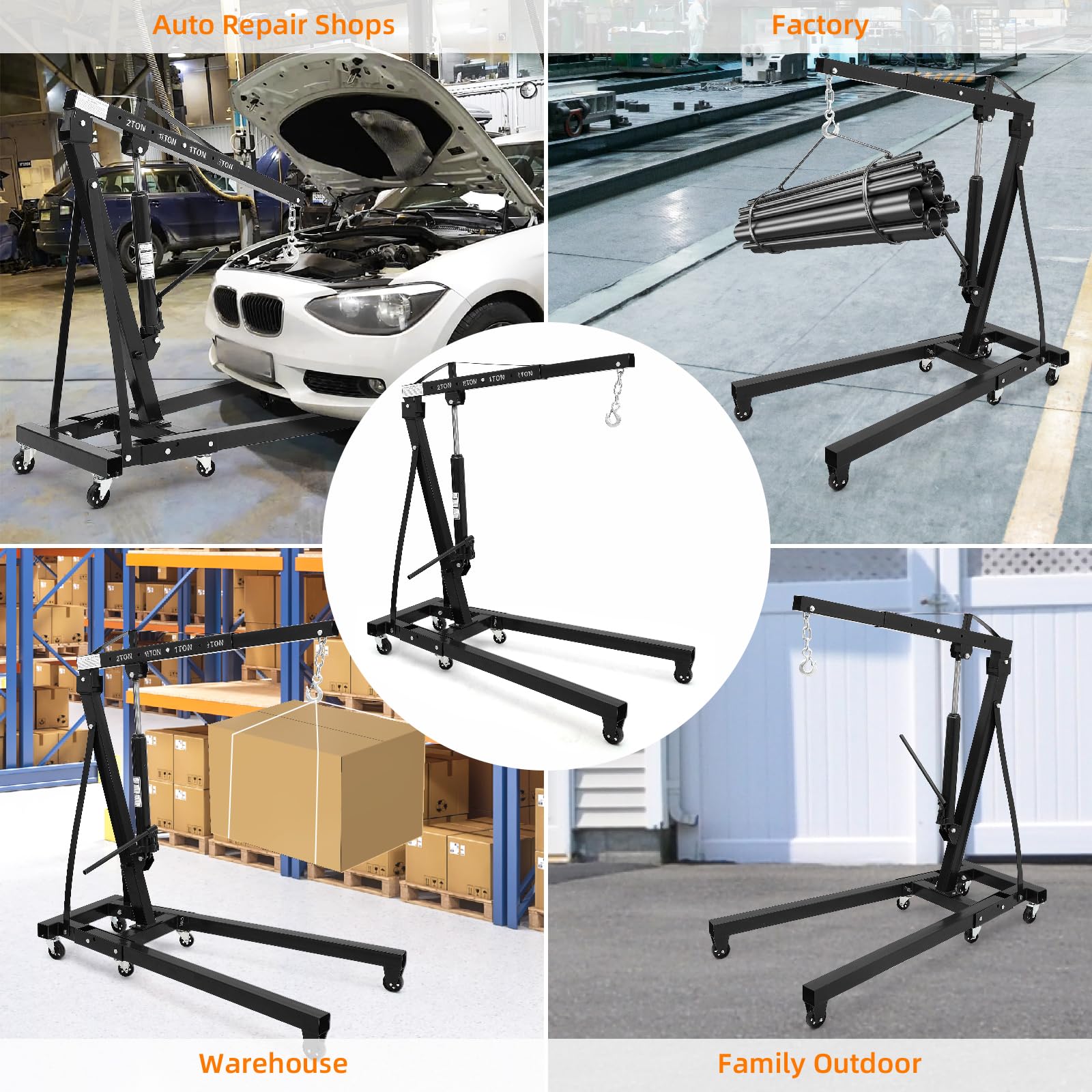 Garvee 2-Ton (4400 lbs) Cherry Picker Engine Hoist - Folding  Heavy-Duty Hydraulic Shop Crane, Black