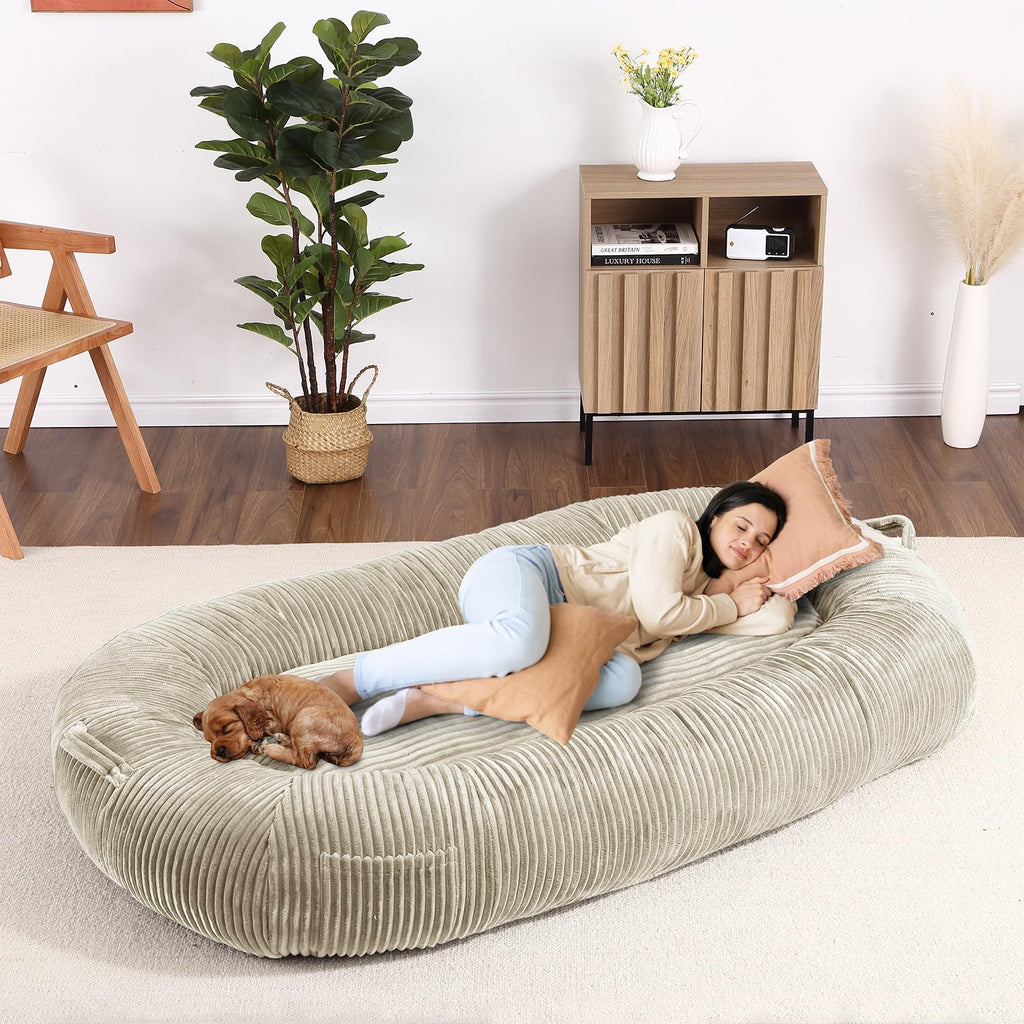 Garvee Dog Bed for Adult, Human Size Giant Dog Bed for Men and Women, 71”x48”x14” Human Dog Lazy Sofa Bed for People and Pets, Washable Strip Flannel Nap Bed Adult Oval, Human-Sized Dog Bed,Khaki