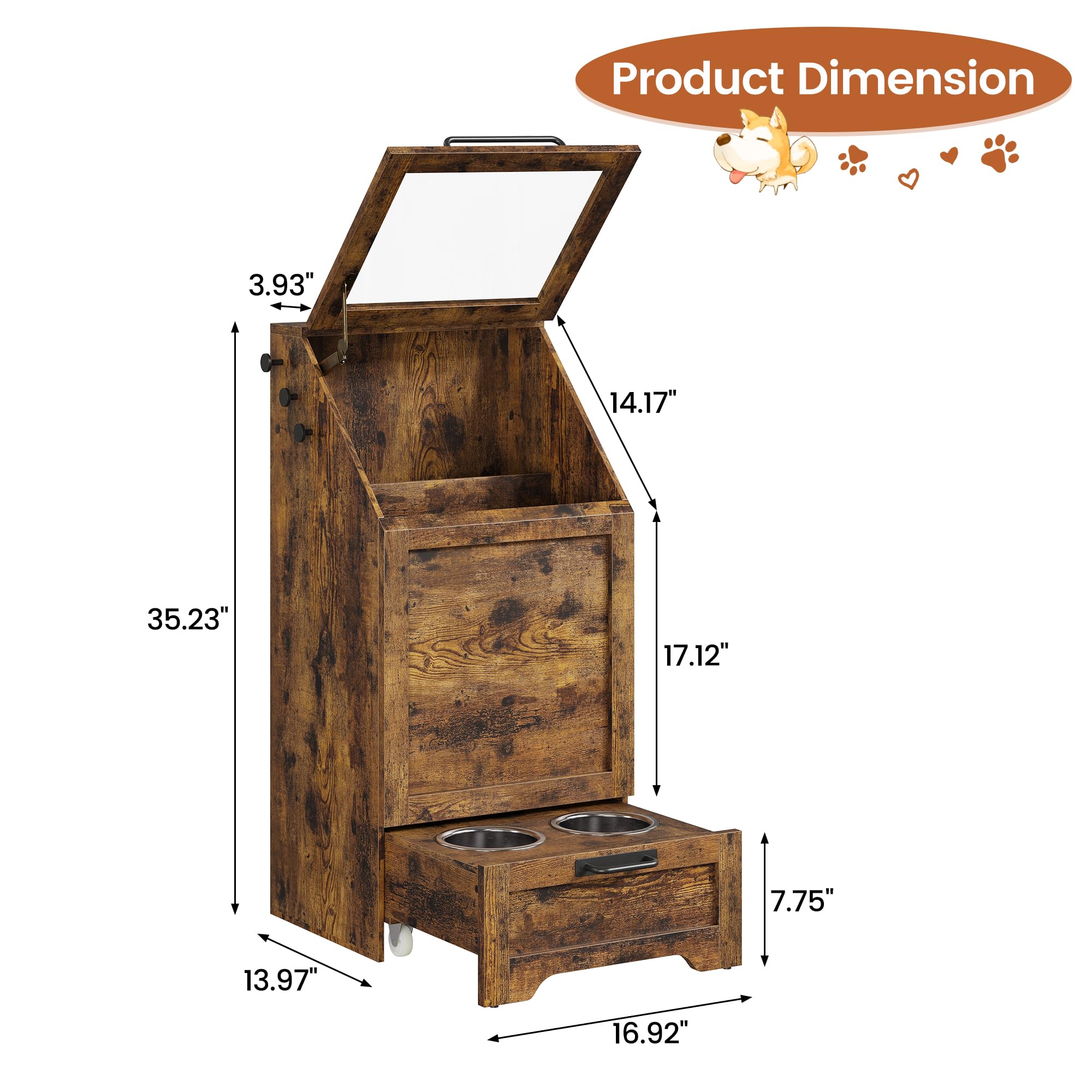 Garvee Pet Food Cabinet with 2 Elevated Bowls, Dog Feeding Station, Brown, Ample Storage, Concealed Feeder, Flip-Top Design