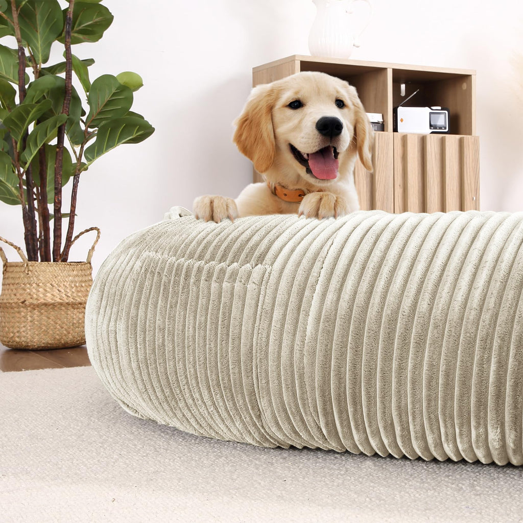 Garvee Dog Bed for Adult, Human Size Giant Dog Bed for Men and Women, 71”x48”x14” Human Dog Lazy Sofa Bed for People and Pets, Washable Strip Flannel Nap Bed Adult Oval, Human-Sized Dog Bed,Khaki