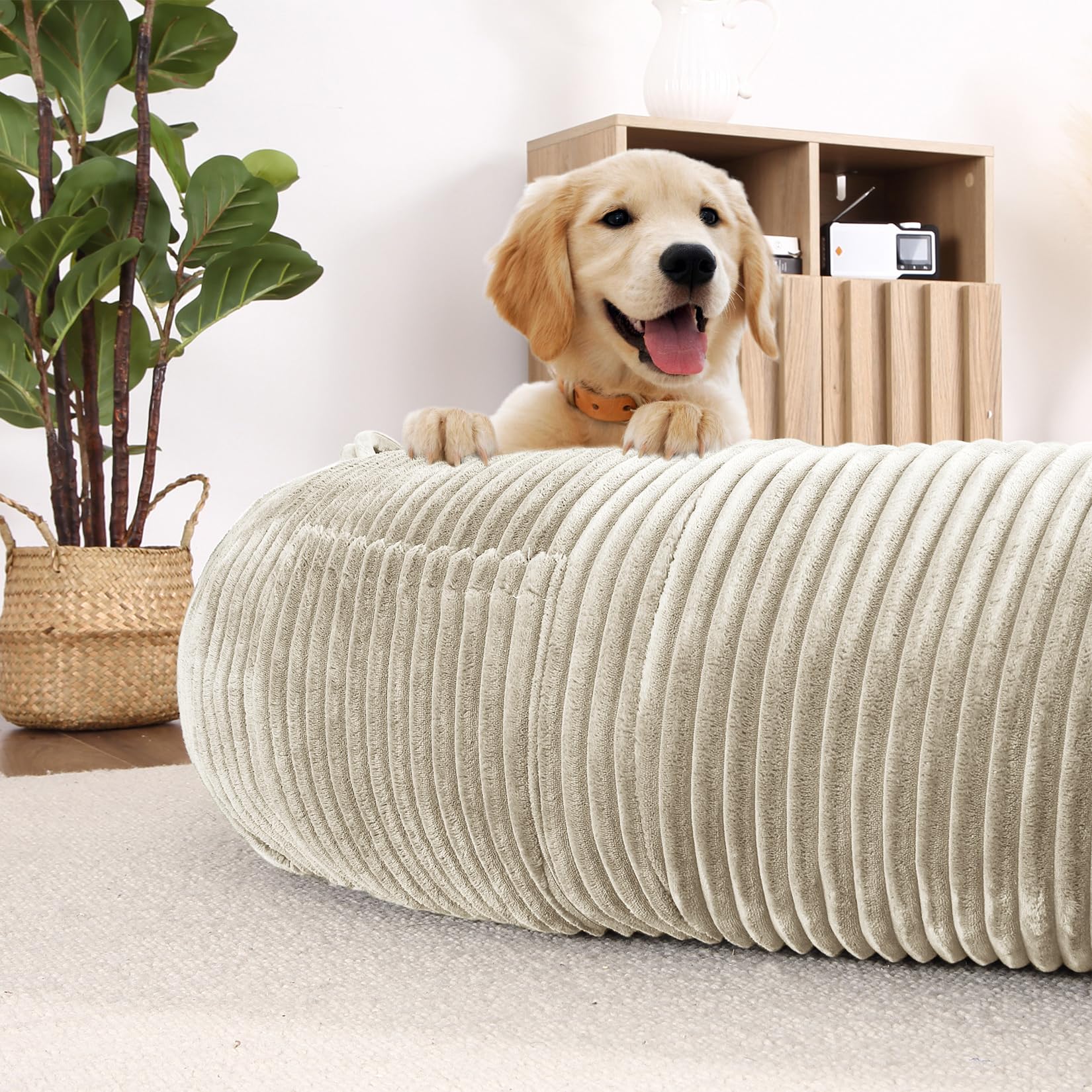 Garvee Dog Bed for Adult, Human Size Giant Dog Bed for Men and Women, 71”x48”x14” Human Dog Lazy Sofa Bed for People and Pets, Washable Strip Flannel Nap Bed Adult Oval, Human-Sized Dog Bed,Khaki