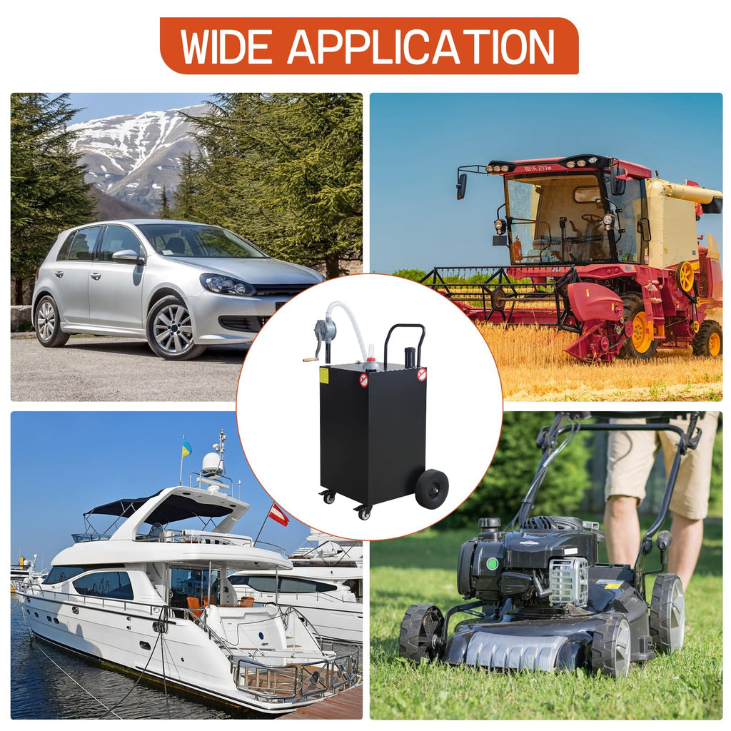 Garvee 50 Gallon Portable Gas Caddy Gasoline Diesel Can Hand Siphon Pump With Rolling Flat-Free Solid Rubber Wheels for Boat, Atv, Car, Motorcycle