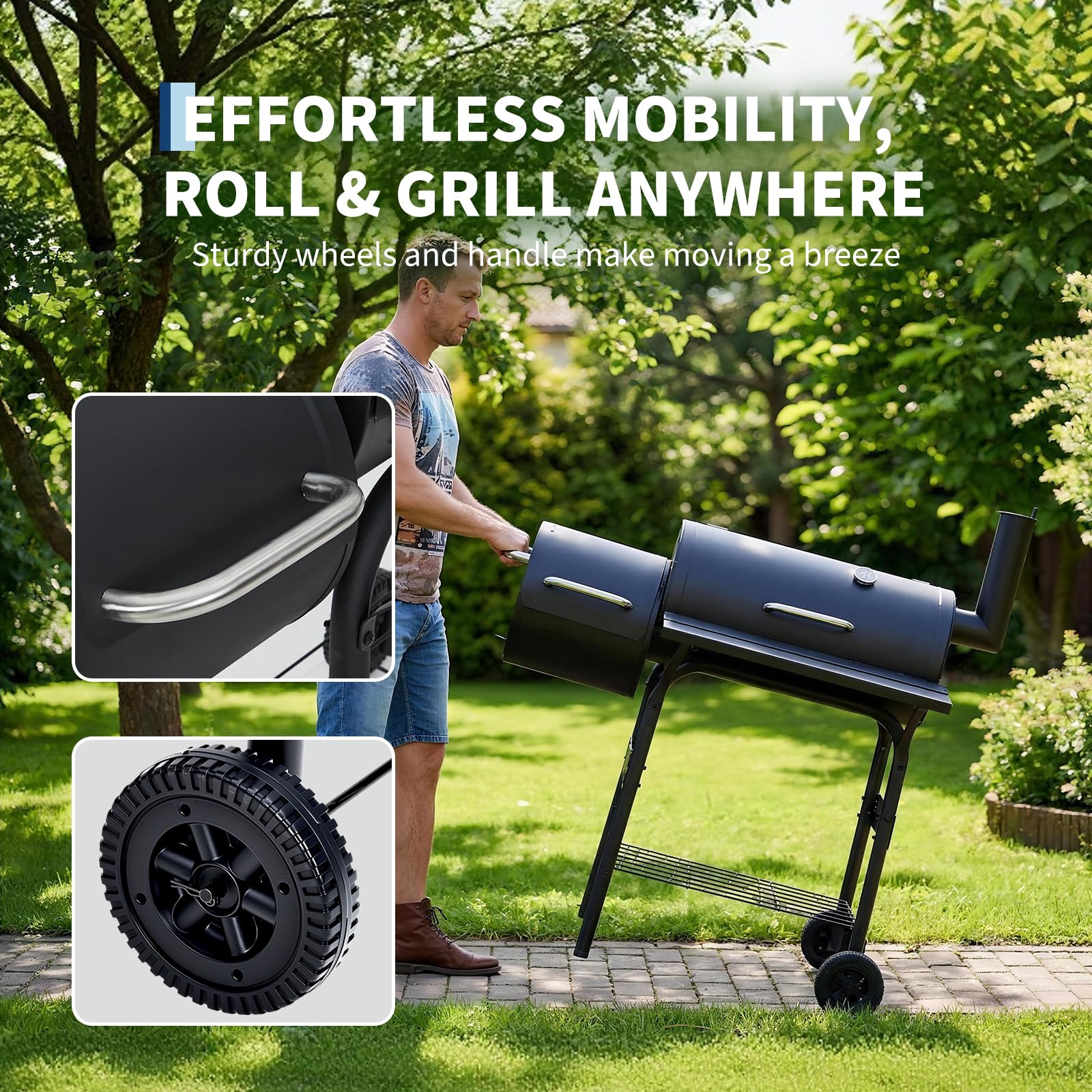 Garvee 43" Charcoal Grill with Offset Smoker - 358 SQ In Dual-Chamber BBQ Smoker Grill with Built-In Thermometer & Wheels, Matte Black