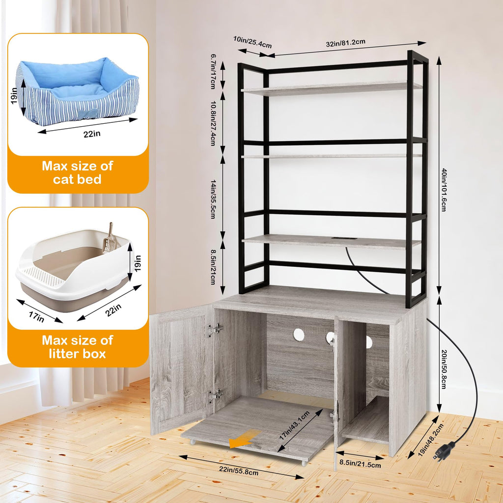 Garvee Cat Litter Box Enclosure, Hidden Cat Litter Box Furniture, Large Double Door Cat House with 3 Shelves and Charging Station, Push-Pull Mobile Chassis - Grey
