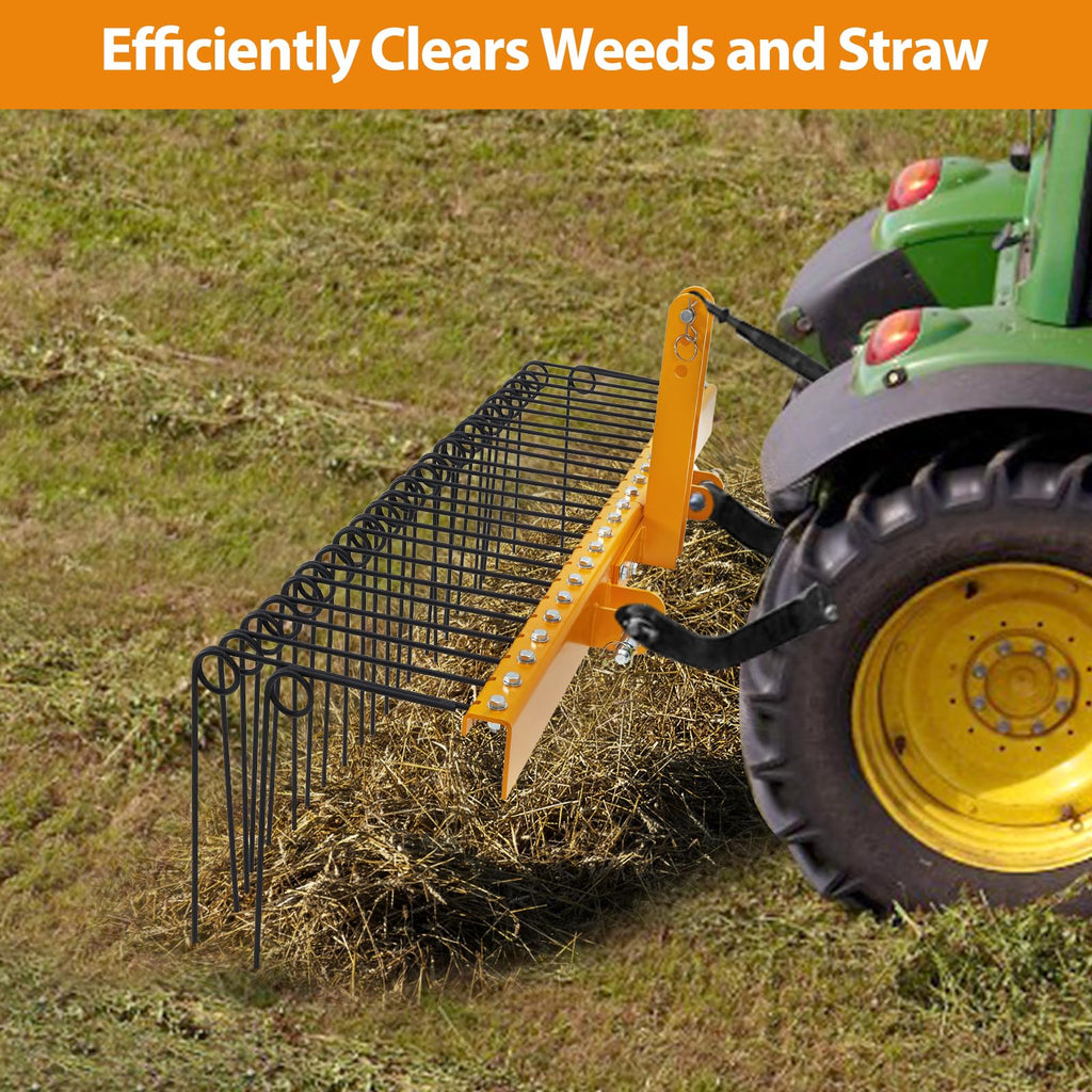 Garvee 60 Inch Pine Straw Rake - 26pcs 8mm Coil Spring Tines Durable Powder Coated Steel Tow Behind Landscape Rake with 3 Point Hitch Receiver Attachment Fit to Cat0 Cat 1 Tractors for Leaves Grass, Yellow